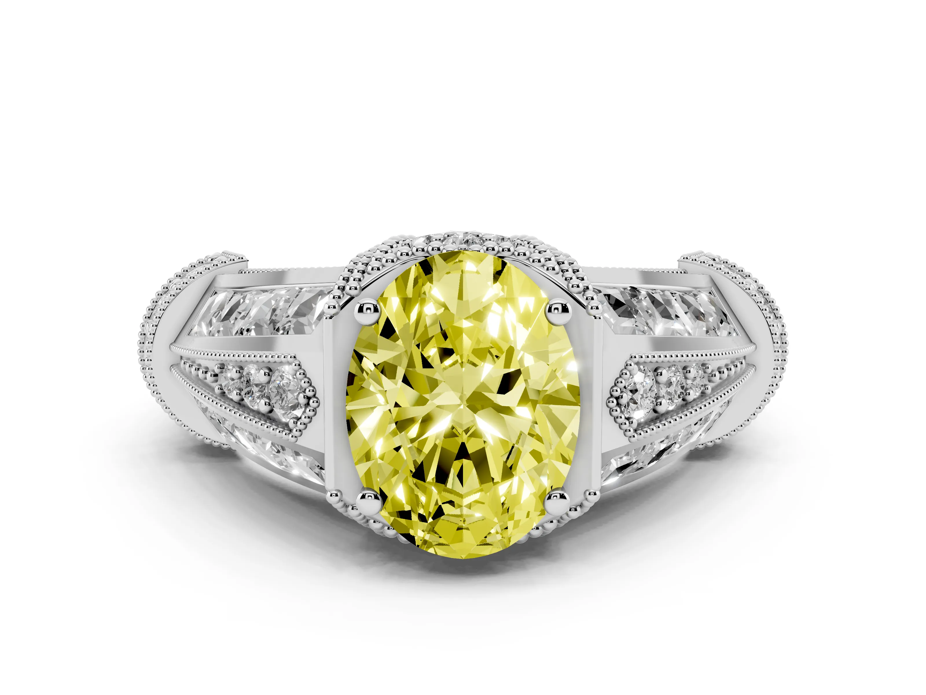 Fancy Yellow Oval Cut Diamond Vintage-Inspired Milgrain Ring Set in Platinum with Accent Split Shank