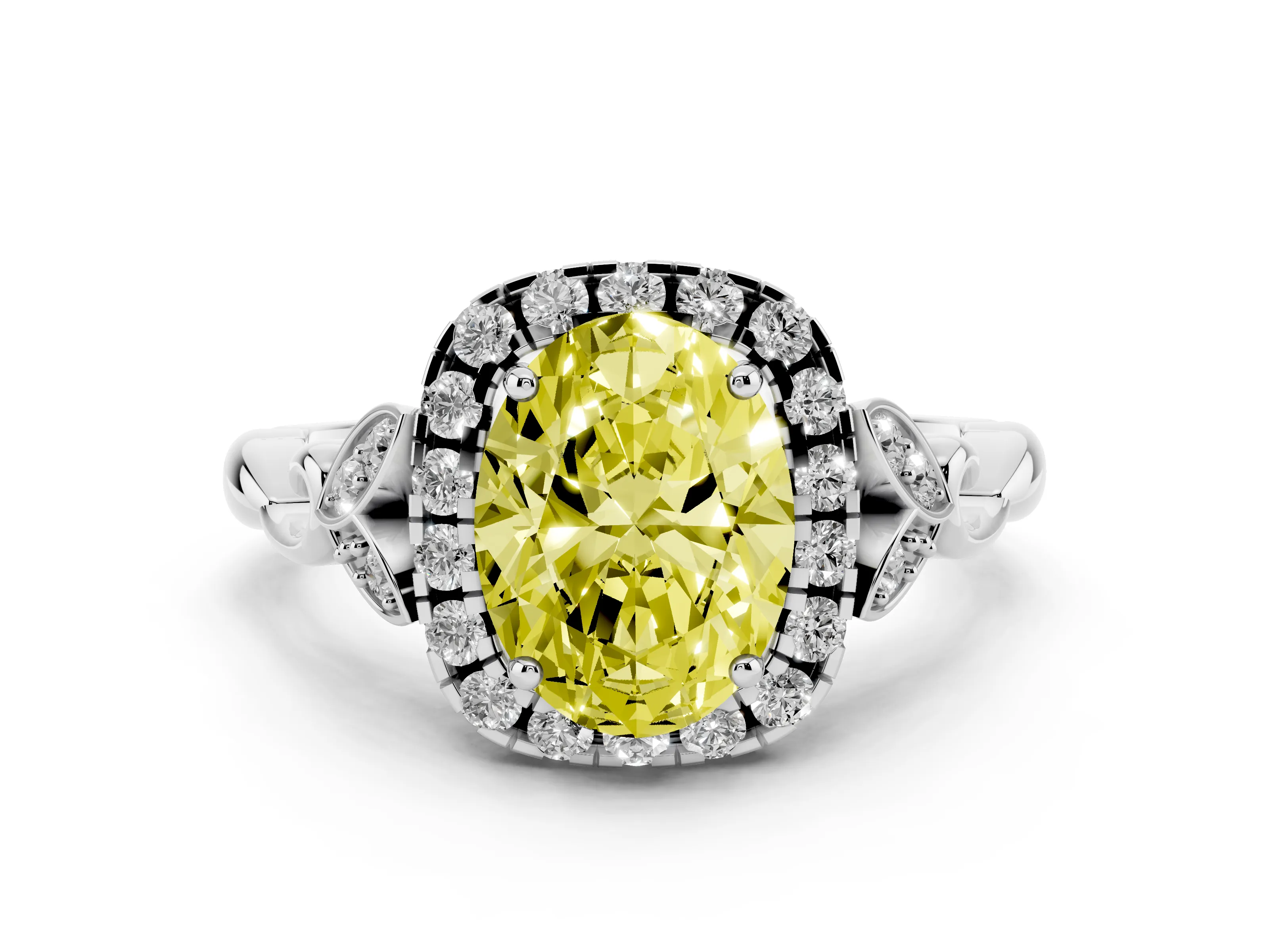 Fancy Yellow Oval Cut Diamond Halo Engagement Ring Set in White gold with Vintage-Inspired Band and Prong Setting