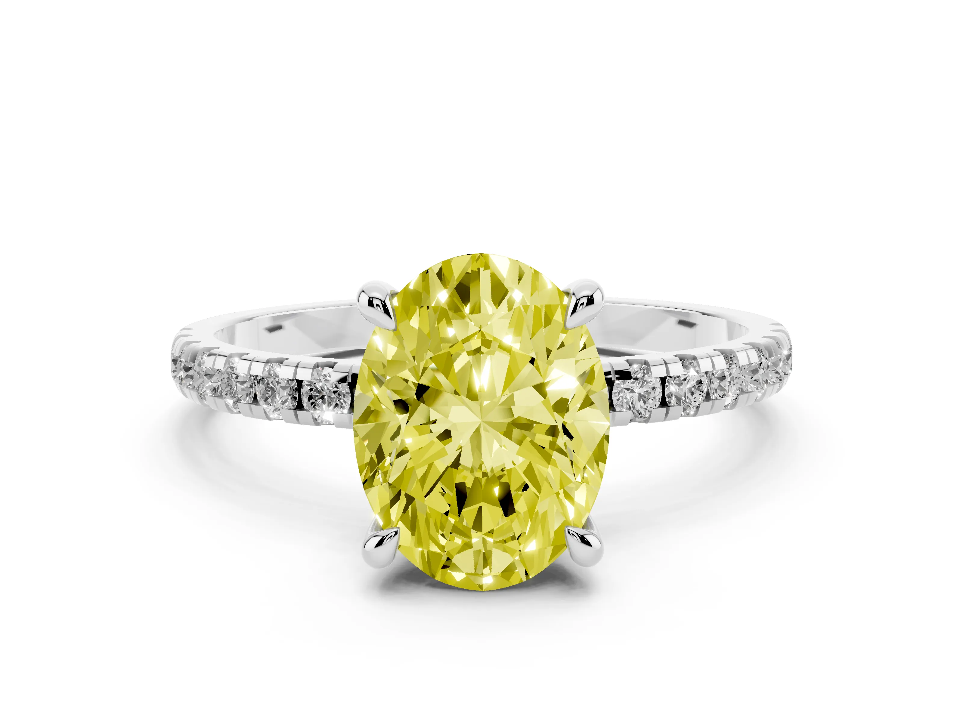 Fancy Yellow Oval Cut Diamond Brilliant Solitaire Ring Set in White gold with Pavé Band and Prong Setting