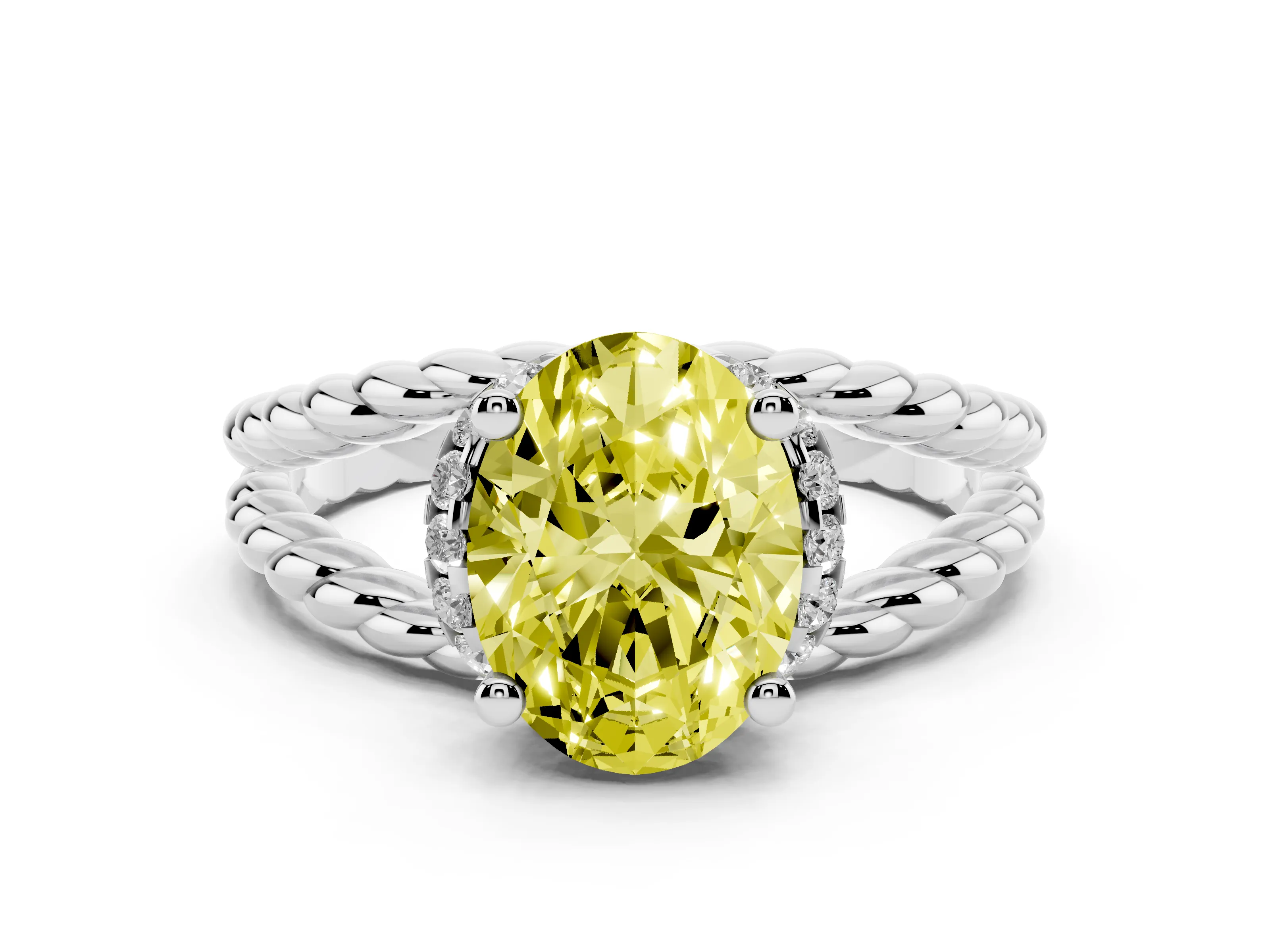 Fancy Yellow Oval Cut Diamond Halo Ring Set in Platinum with Twisted Band and Prong Setting