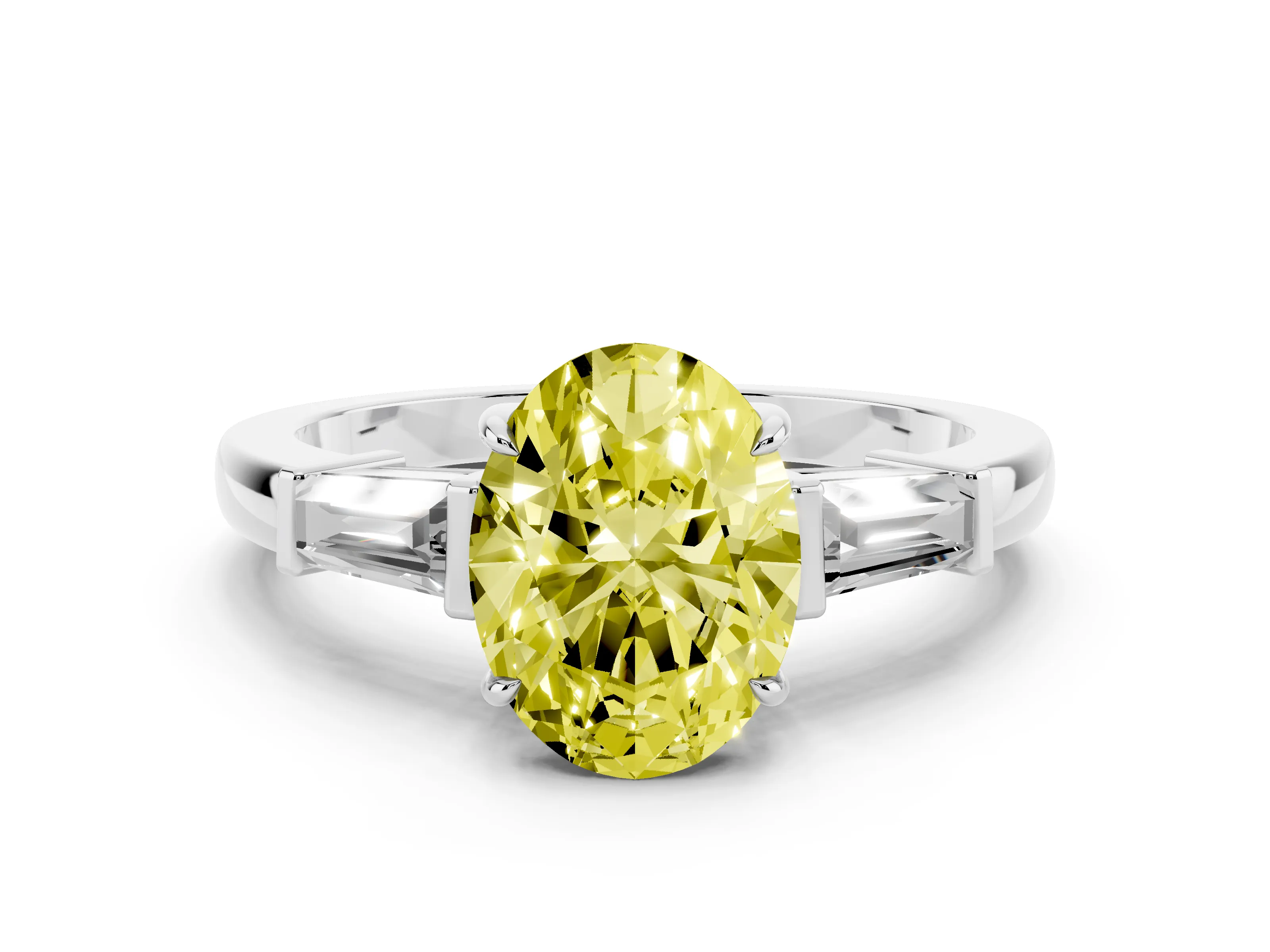 Fancy Yellow Oval Cut Diamond Three-Stone Ring Set in Platinum with Tapered Baguette Side Stones and Prong Setting