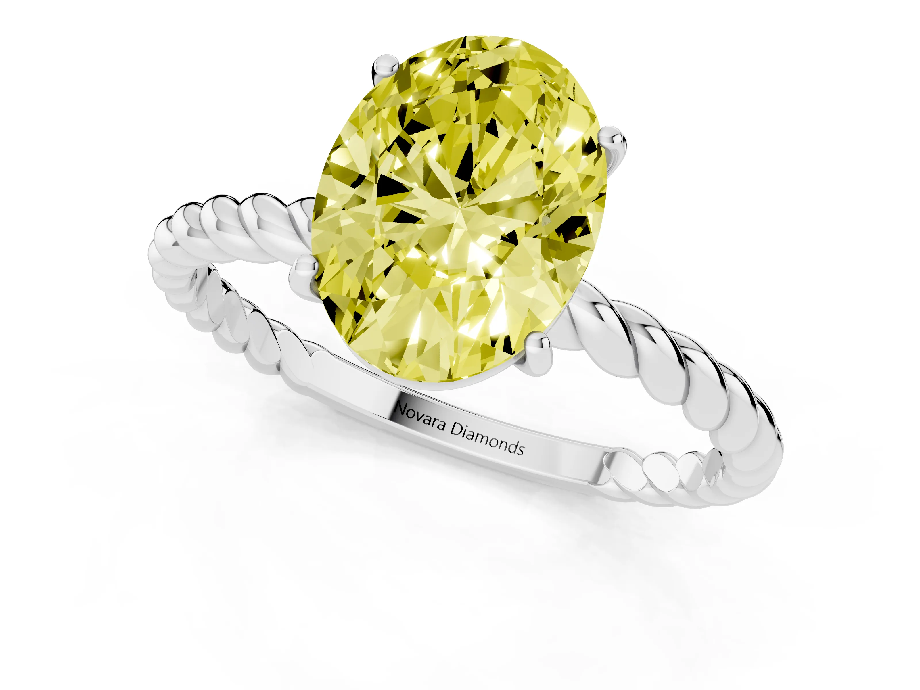 Fancy Yellow Oval Cut Diamond Solitaire Twisted Band Ring Set in Silver with Prong Solitaire Setting