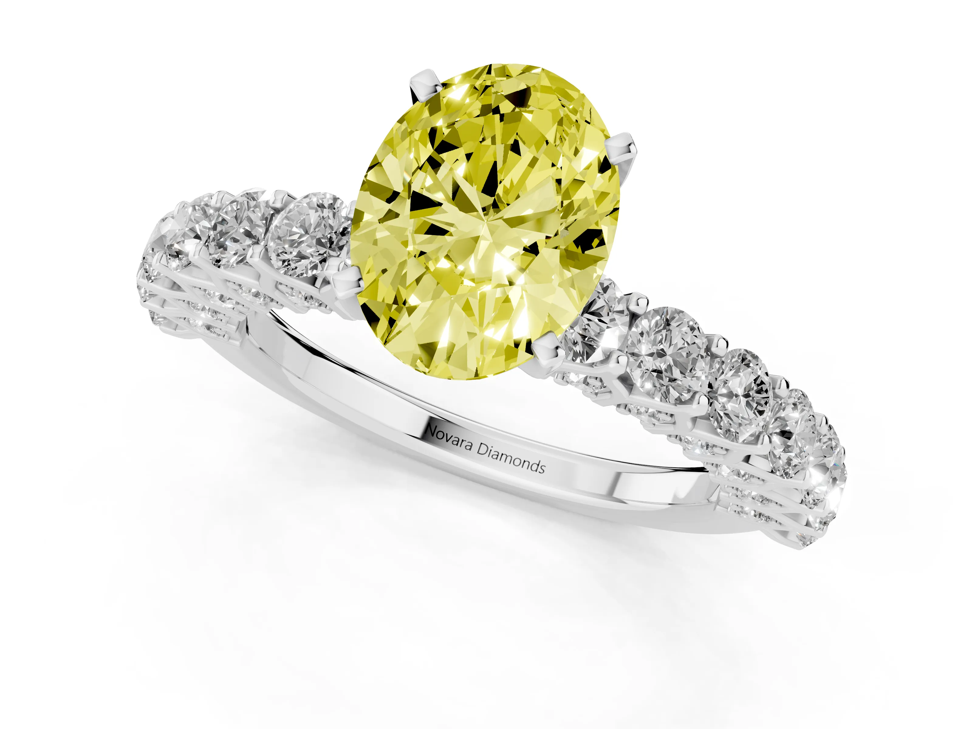 Fancy Yellow Oval Cut Diamond Solitaire Ring Set in Platinum with Shared Prong Pavé Band