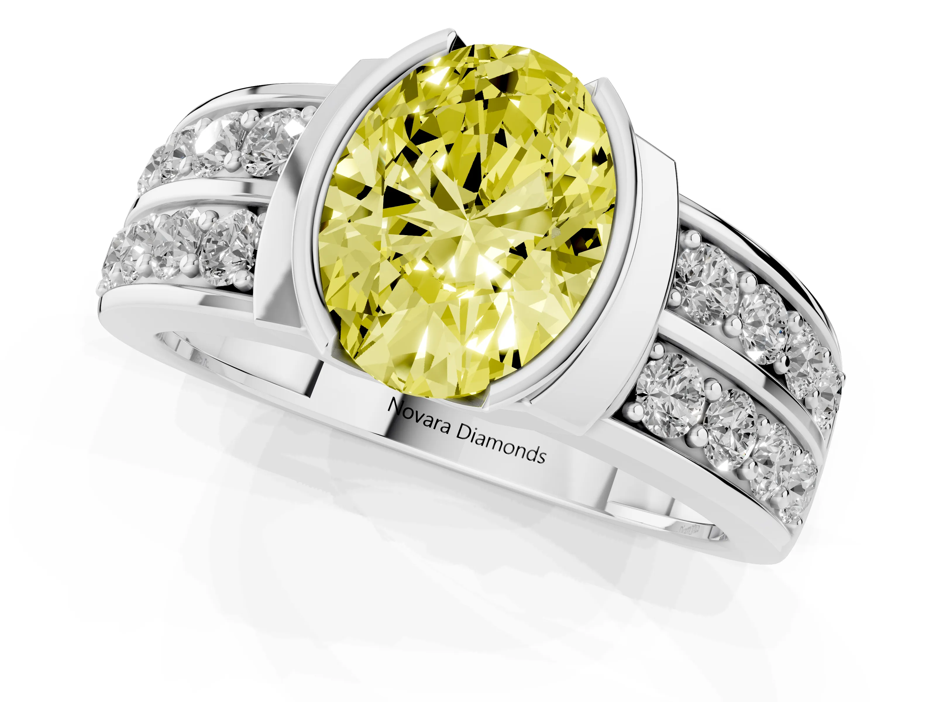 Fancy Yellow Oval Cut Diamond Wide Channel Set Band Ring Set in Silver with Bezel Setting