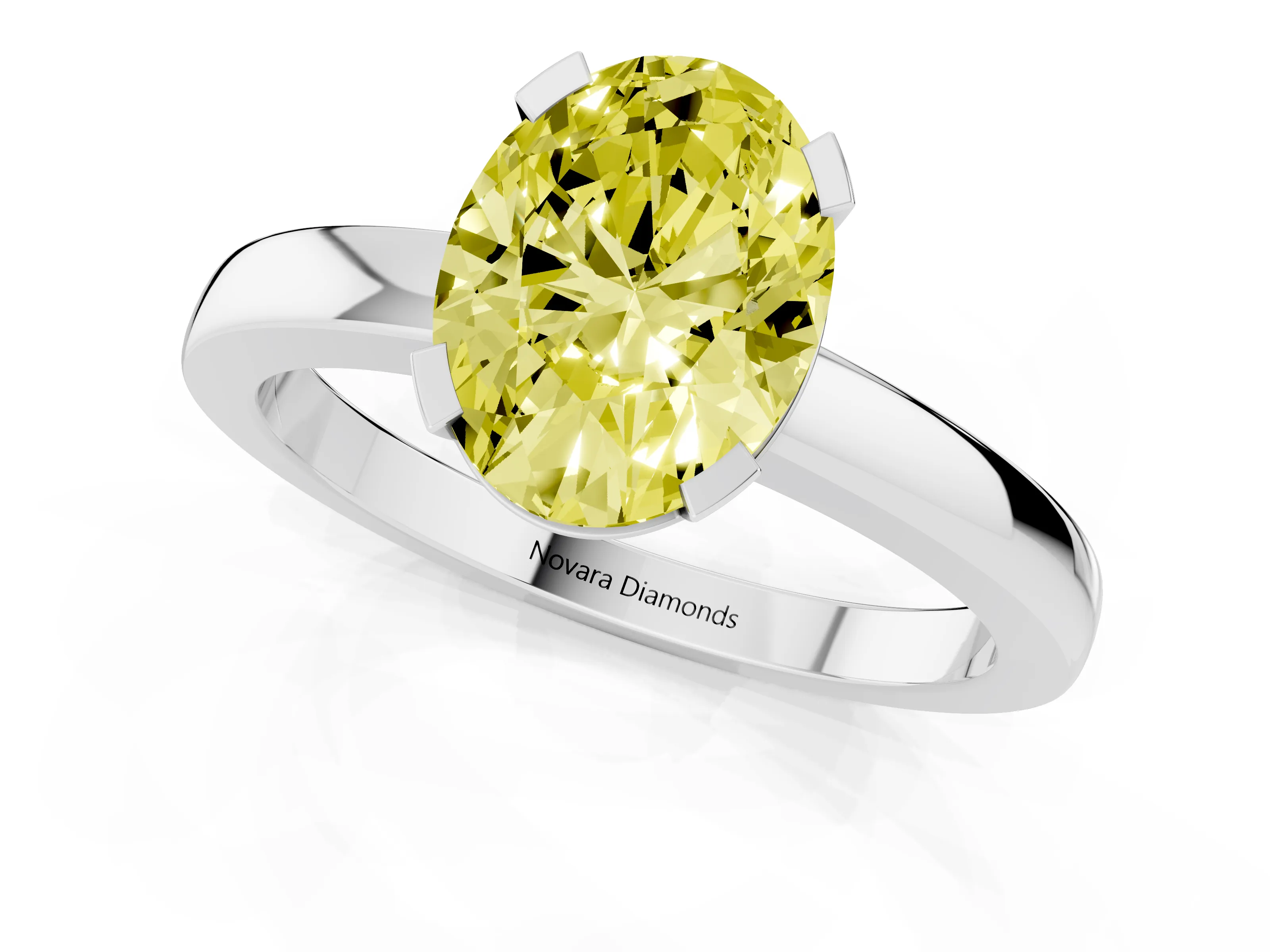 Fancy Yellow Oval Cut Diamond Solitaire Ring Set in White gold with Prong Head and Smooth Polished Band