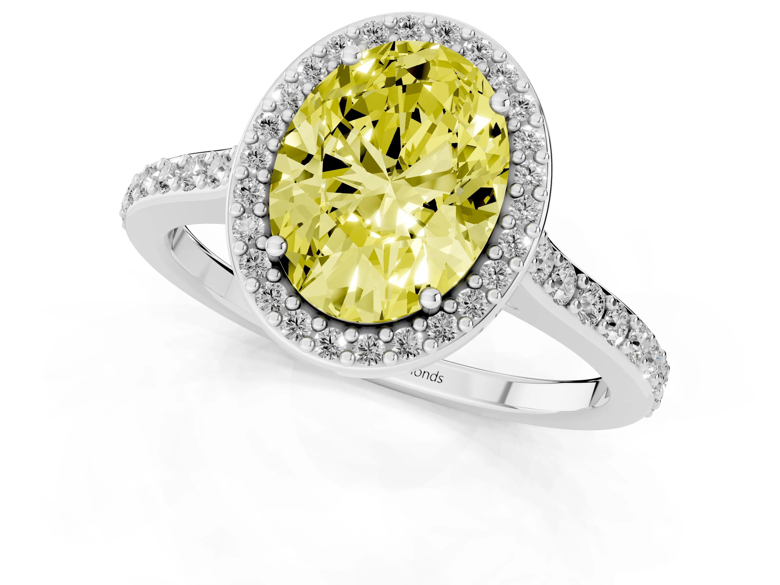 Fancy Yellow Oval Cut Diamond Halo Engagement Ring Set in Platinum with Round Pavé Shoulders and Heart Gallery