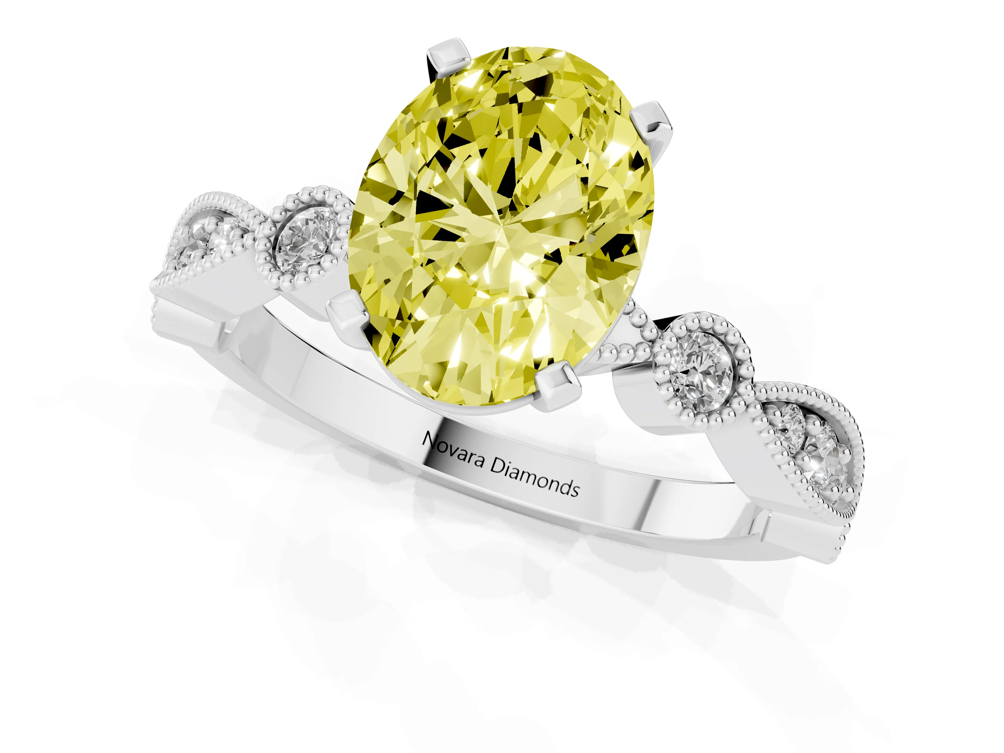 Fancy Yellow Oval Cut Diamond Solitaire Engagement Ring Set in Silver with Milgrain Bezel Accent Band – second view