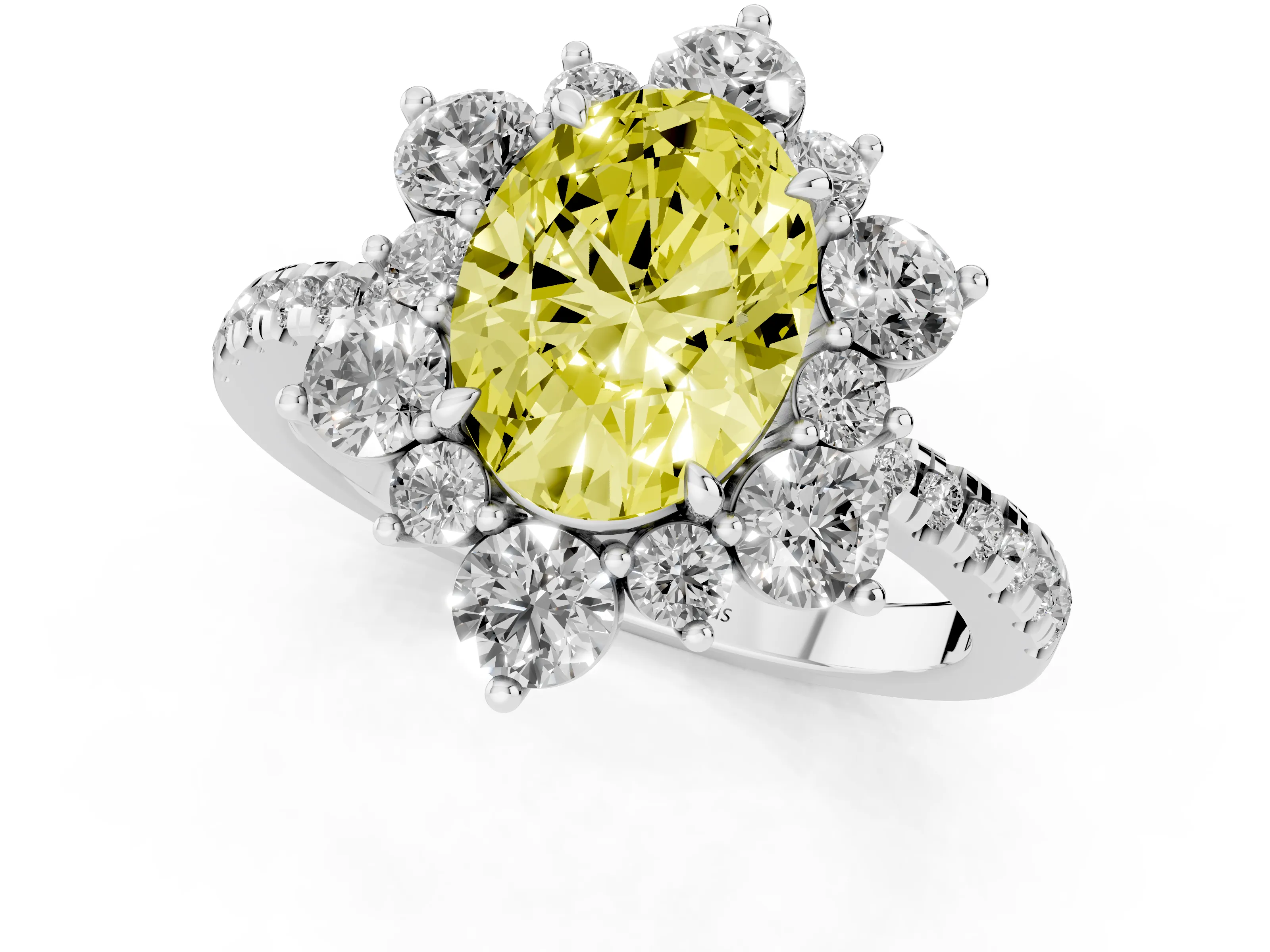 Fancy Yellow Oval Cut Diamond Floral Halo Ring Set in Platinum with Round Pavé Band and Prong Setting