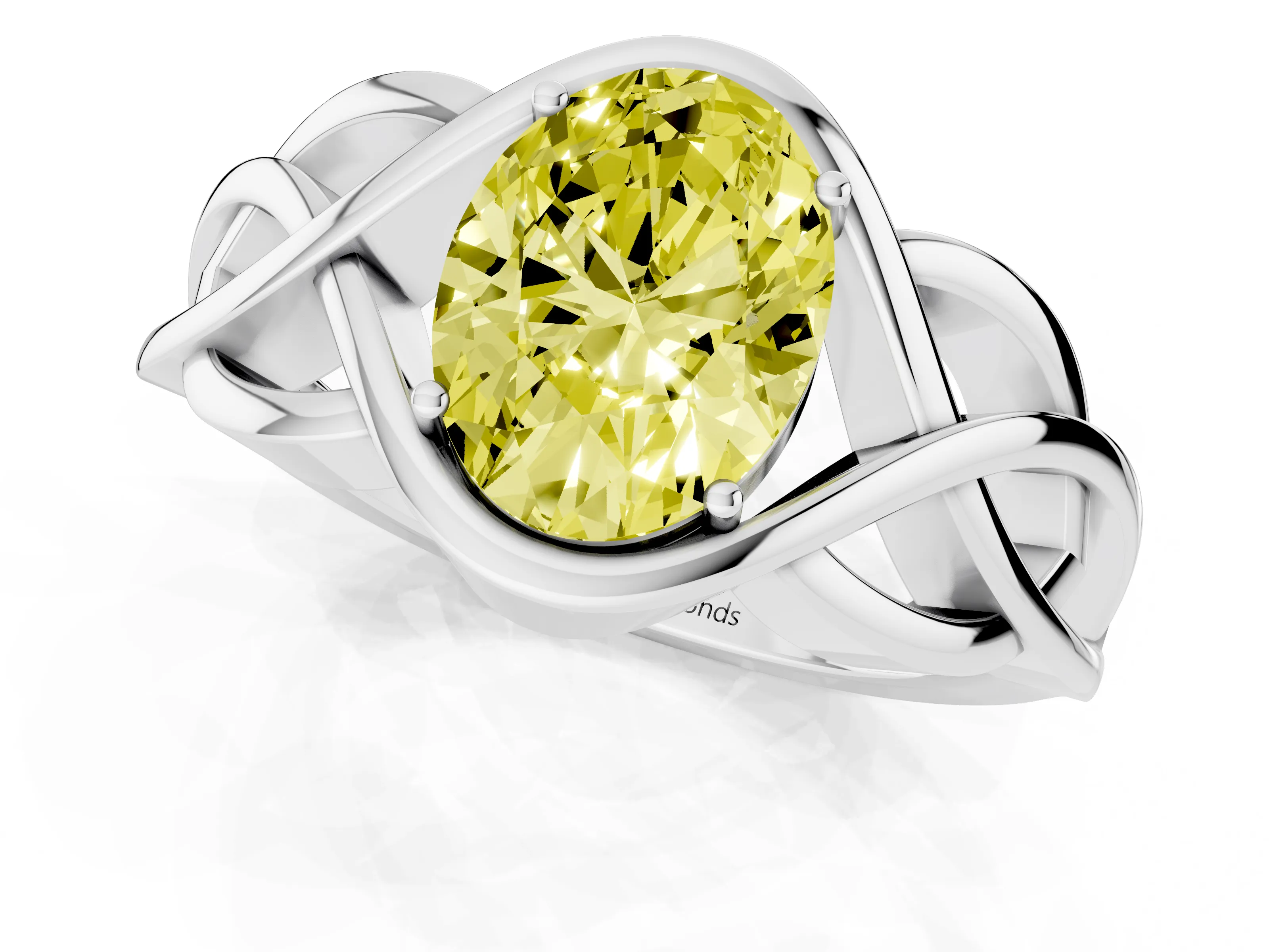 Fancy Yellow Oval Cut Diamond Solitaire Ring Set in Platinum with Intertwined Band
