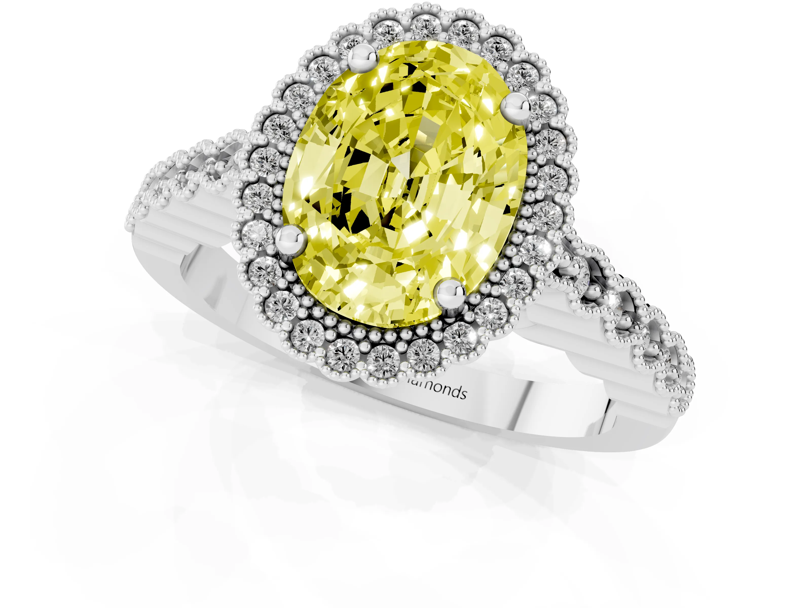 Fancy Yellow Oval Cut Diamond Halo Ring Set in Platinum with Pavé Milgrain Band