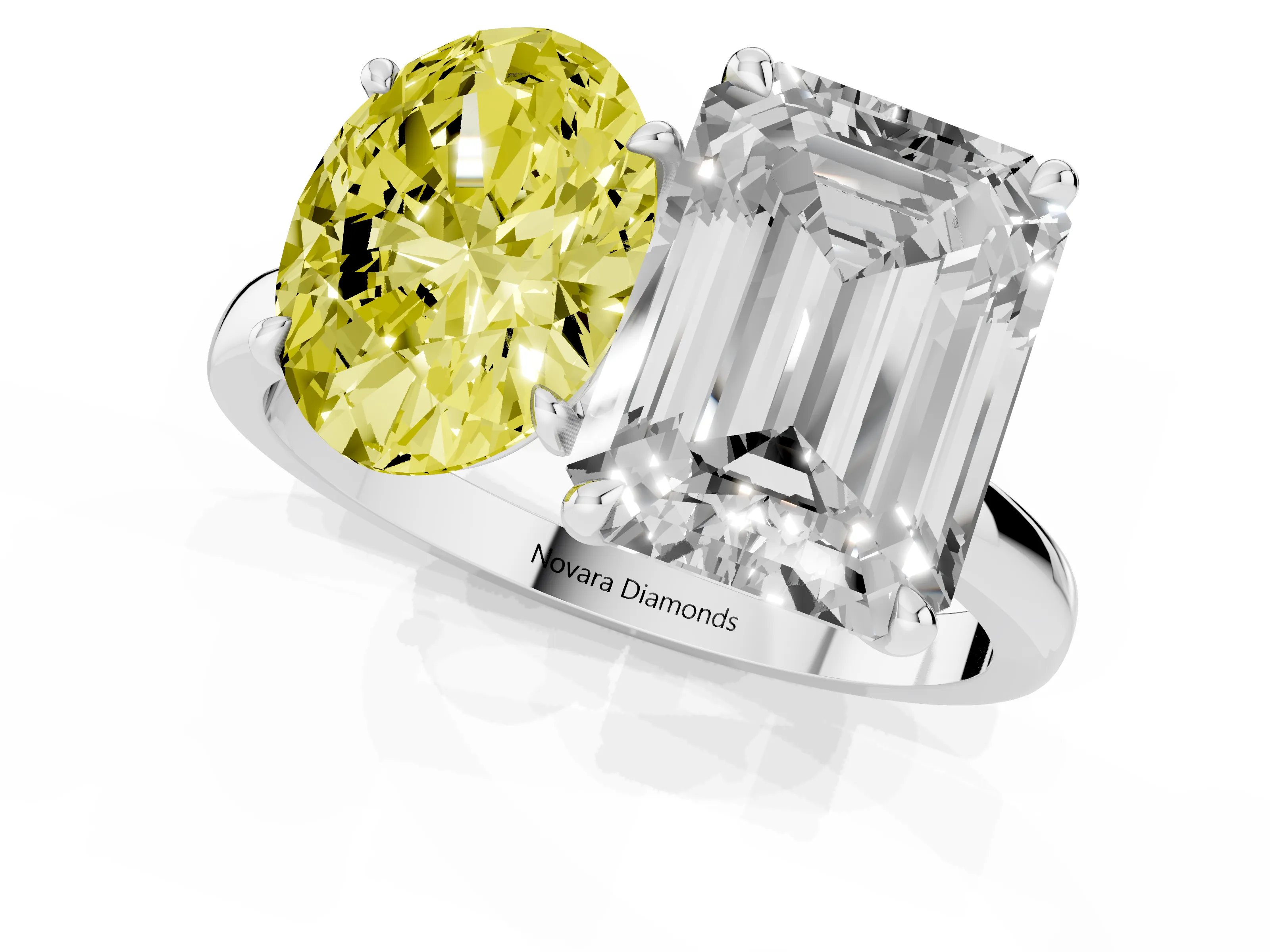 Fancy Yellow Oval Cut and Emerald Cut Toi Moi Ring Set in White gold with Prong Setting
