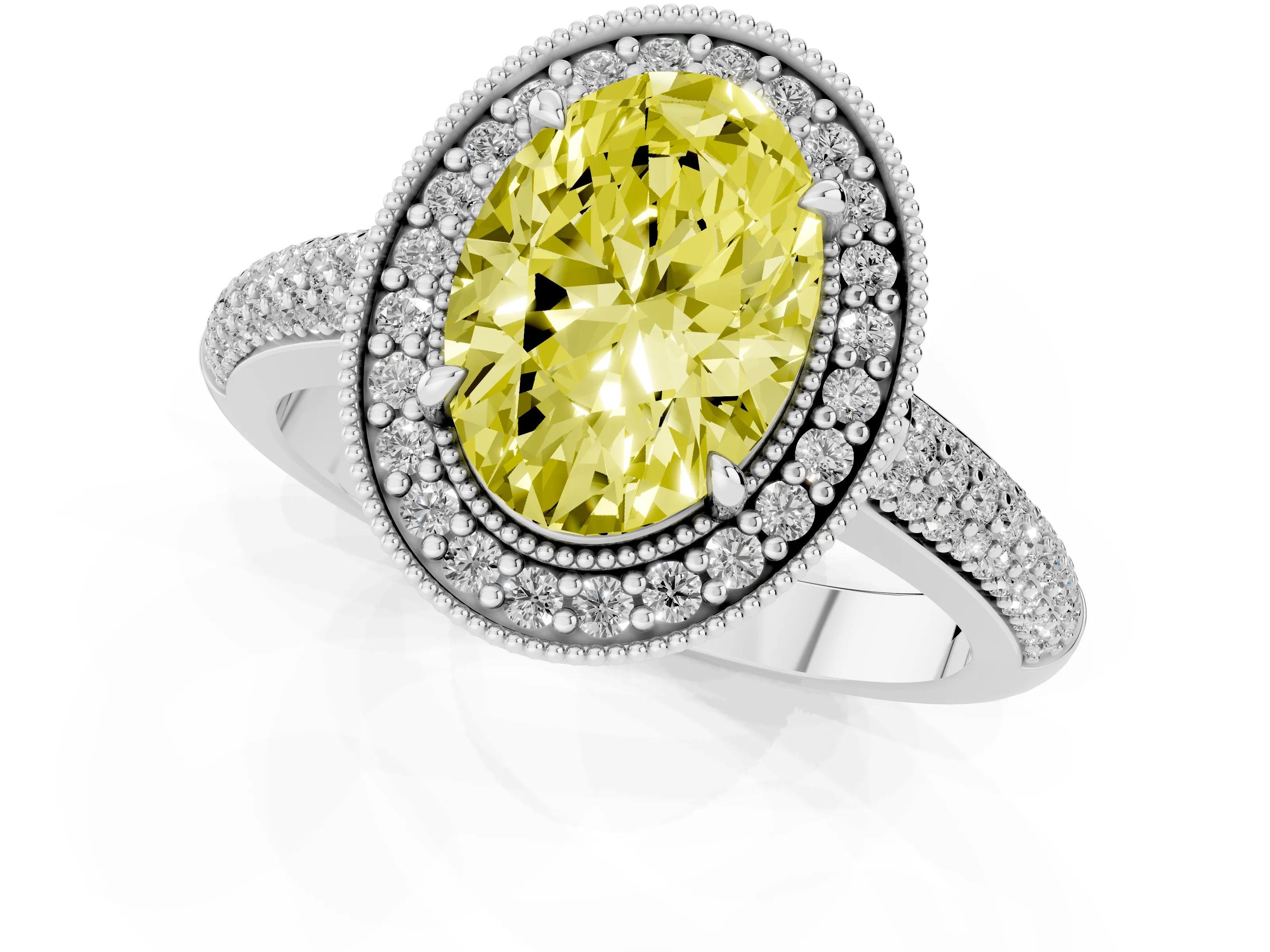 Fancy Yellow Oval Cut Diamond Halo Pavé Band Set in Silver with Prong Setting