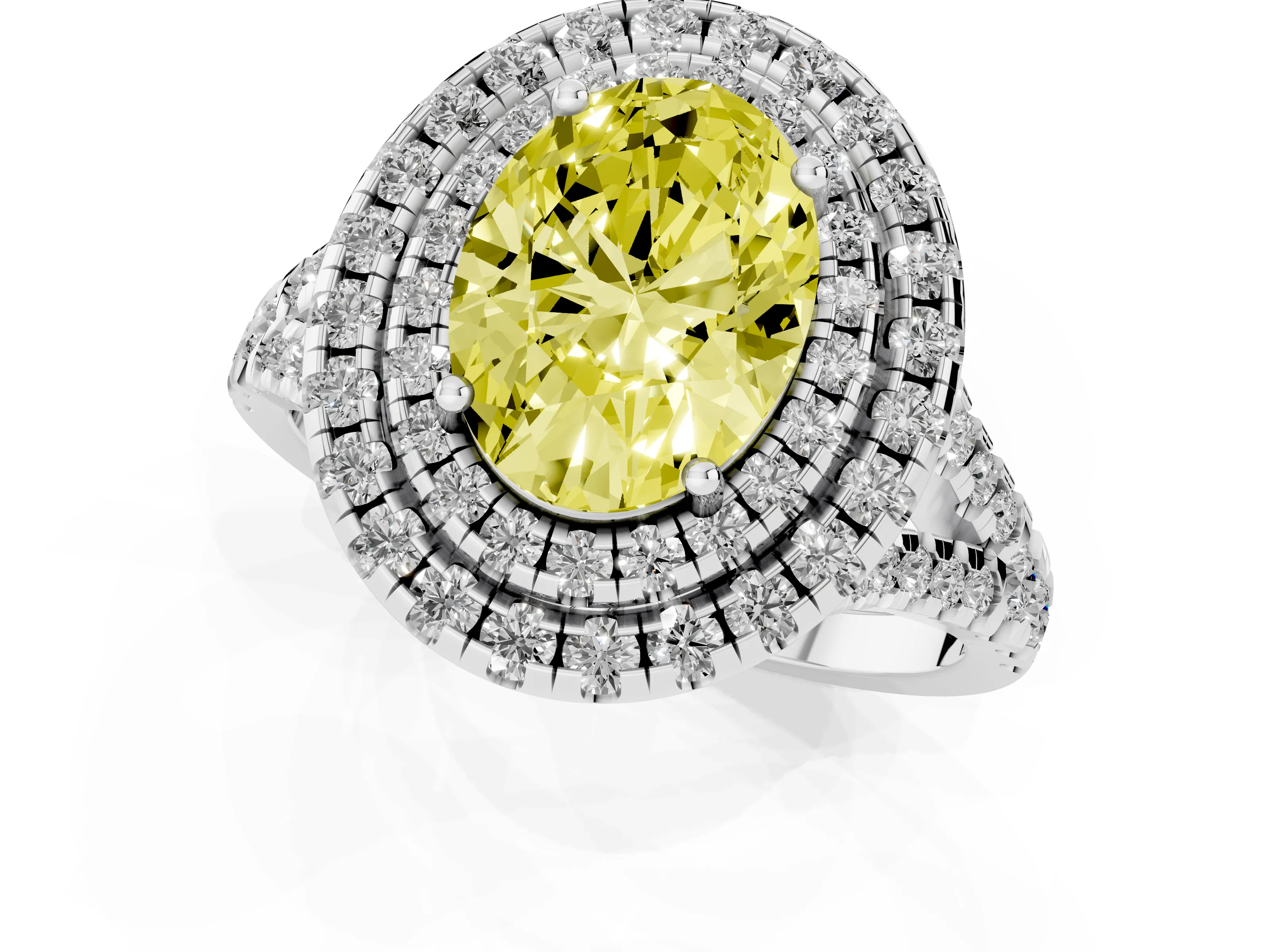 Fancy Yellow Oval Cut Diamond Double Halo Ring Set in White gold with Pavé Split Shank and Prong Setting