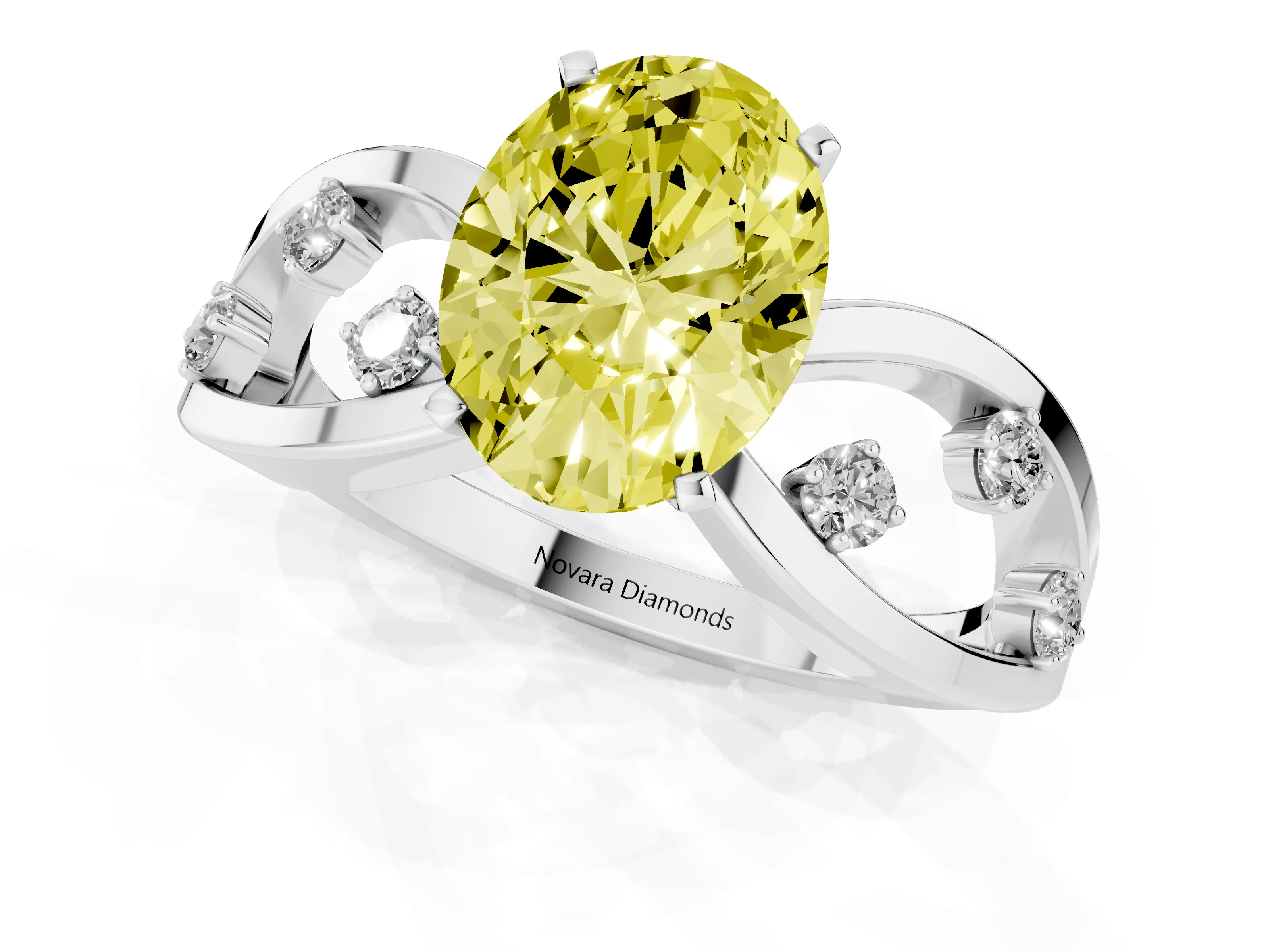 Fancy Yellow Oval Cut Diamond Solitaire Ring Set in White gold with Side Stones on Criss-Cross Band and Prong Setting