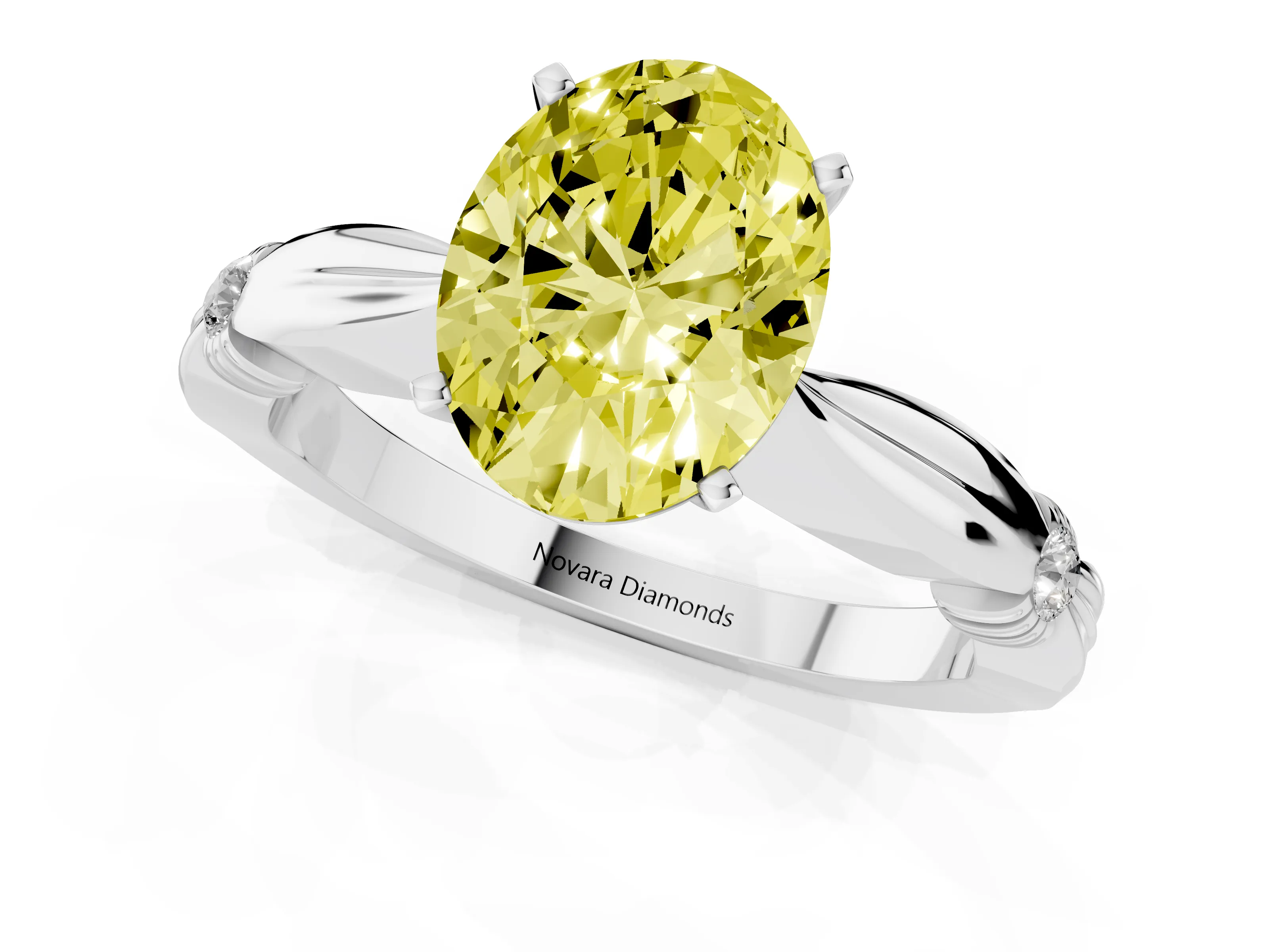 Fancy Yellow Oval Cut Diamond Solitaire Twisted Band Ring Set in Silver with Accent Stones and Prong Setting – second view