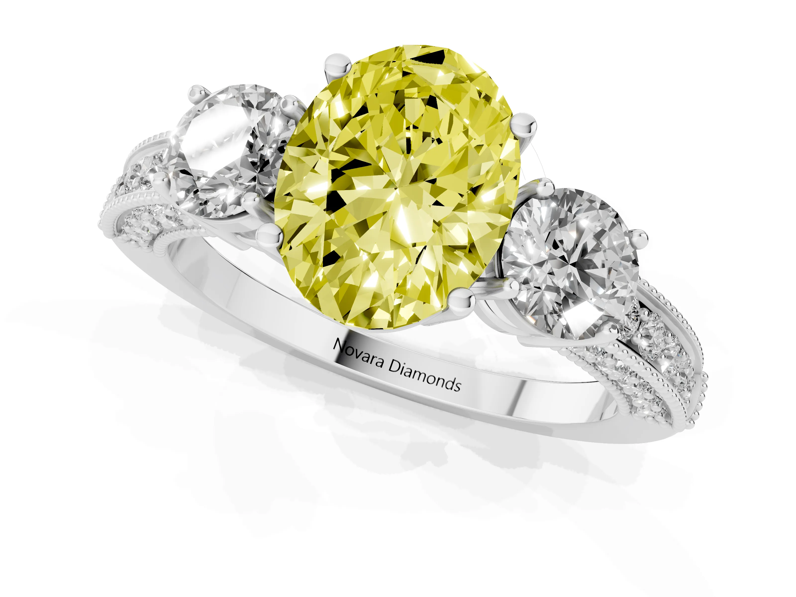Fancy Yellow Oval Cut Diamond Three-Stone Ring Set in Silver with Round Side Stones and Pavé Band