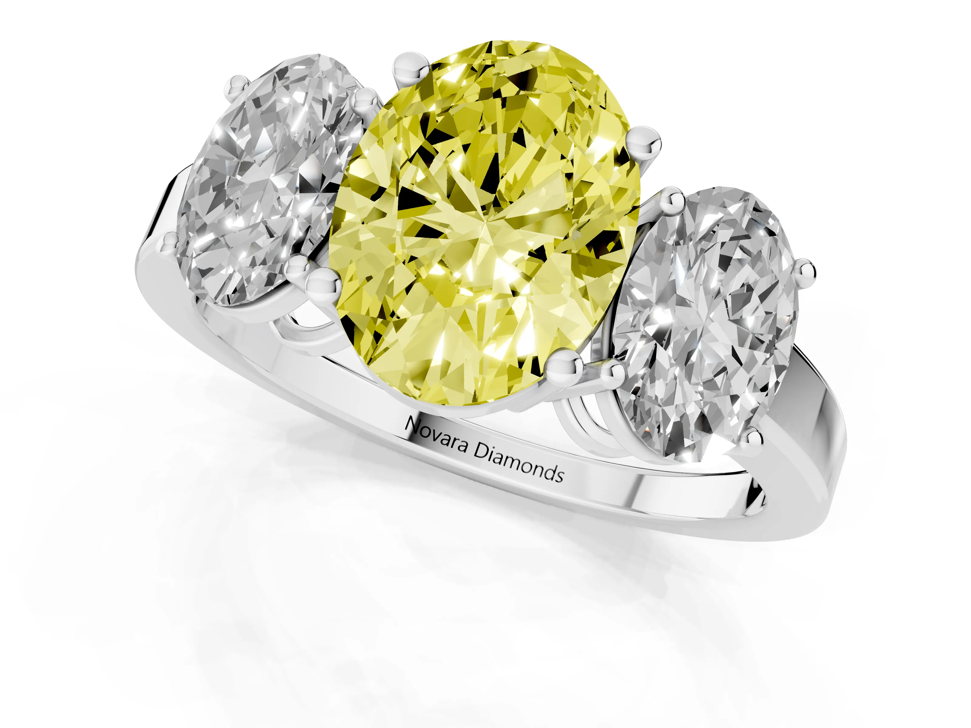 Fancy Yellow Oval Cut Diamond Three-Stone Engagement Ring Set in White gold with Flat Band
