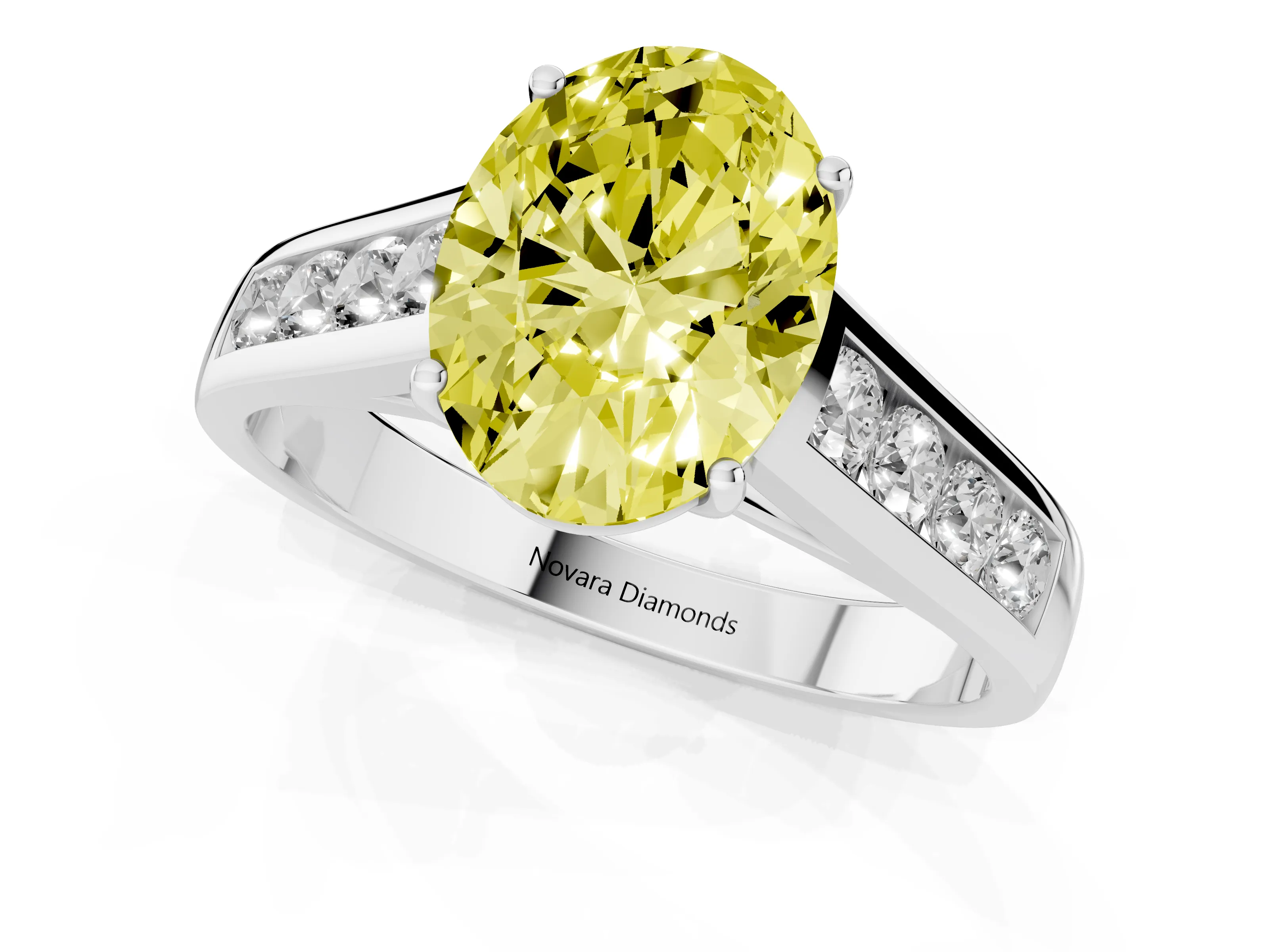 Fancy Yellow Oval Cut Diamond Solitaire Channel-Set Engagement Ring Set in Silver with Prong Setting