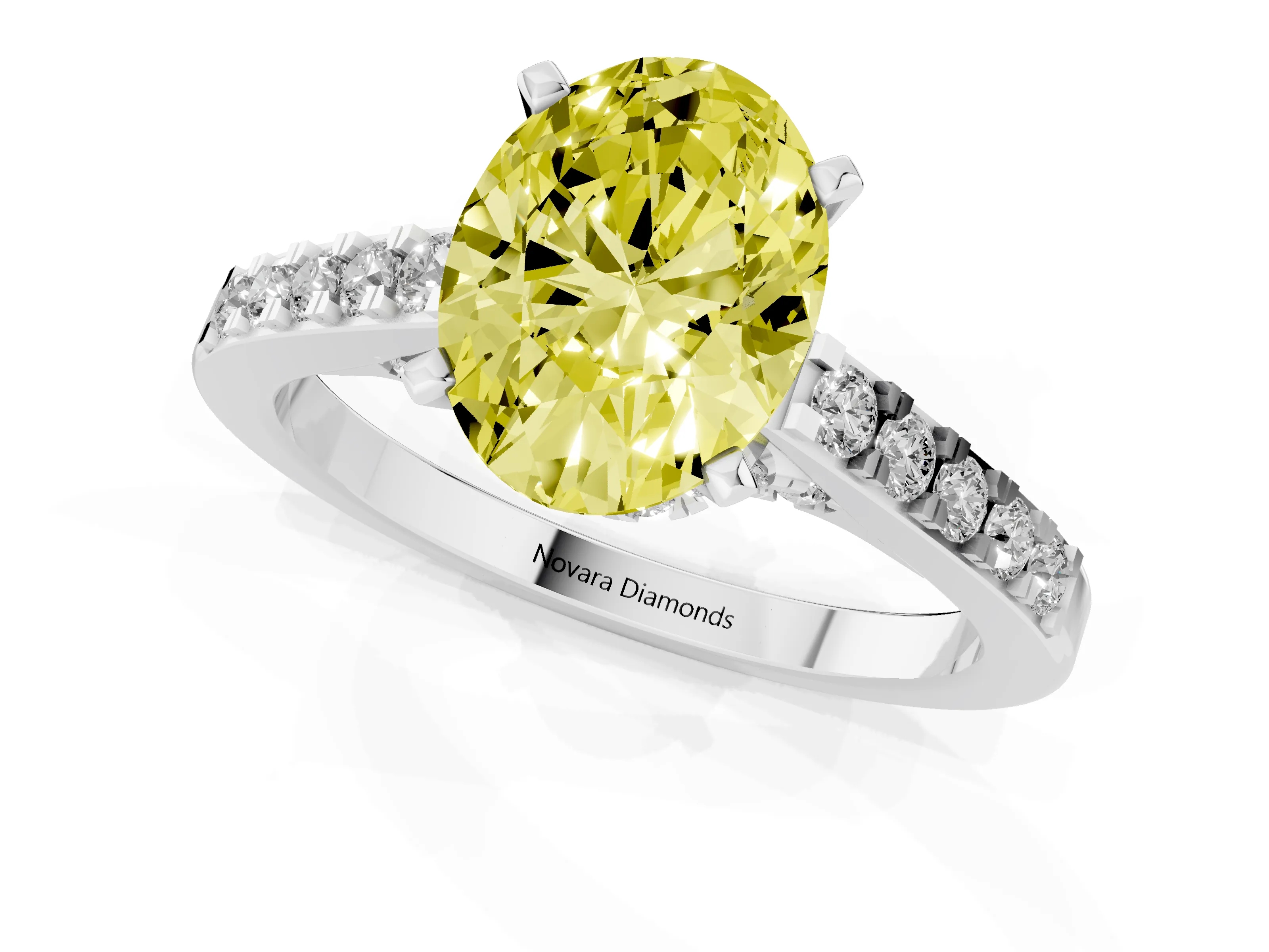 Fancy Yellow Oval Cut Diamond Solitaire Ring Set in Silver with Crossover Gallery and Round Pavé Band – second view