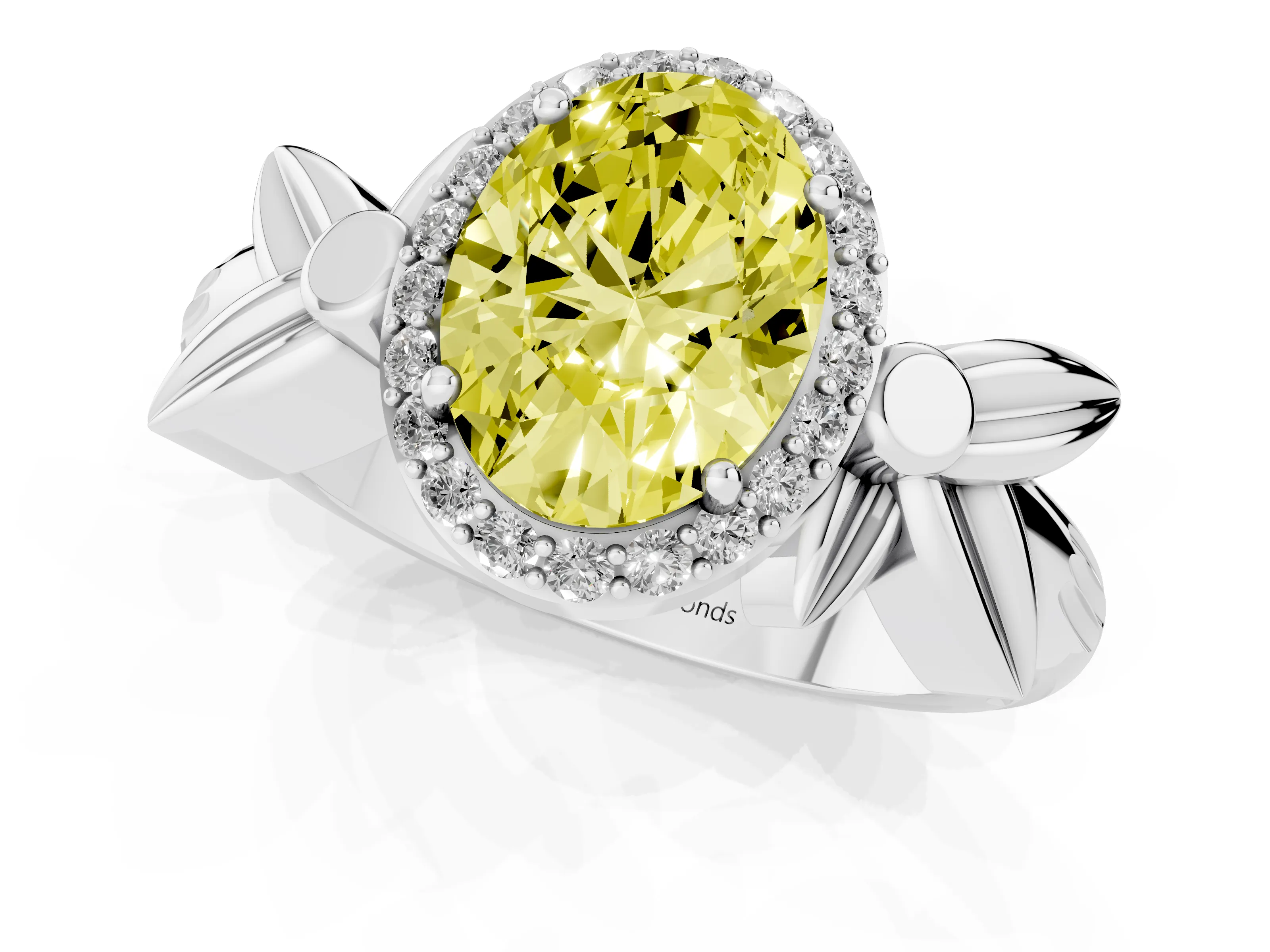 Fancy Yellow Oval Cut Diamond Halo Floral Band Ring Set in Silver with Prong Setting