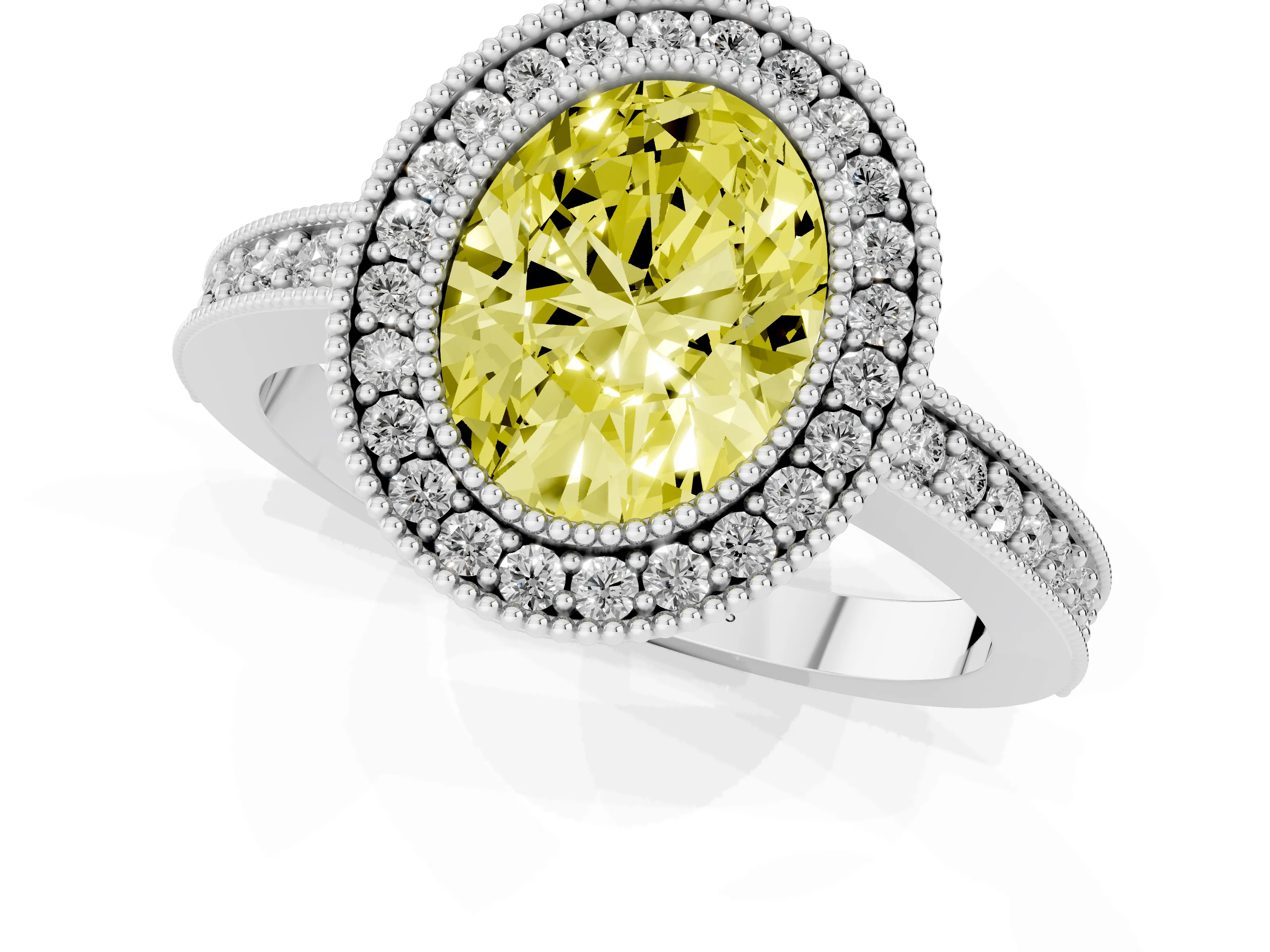 Fancy Yellow Oval Cut Diamond Halo Engagement Ring Set in White gold with Pavé Band and Round Halo Stones
