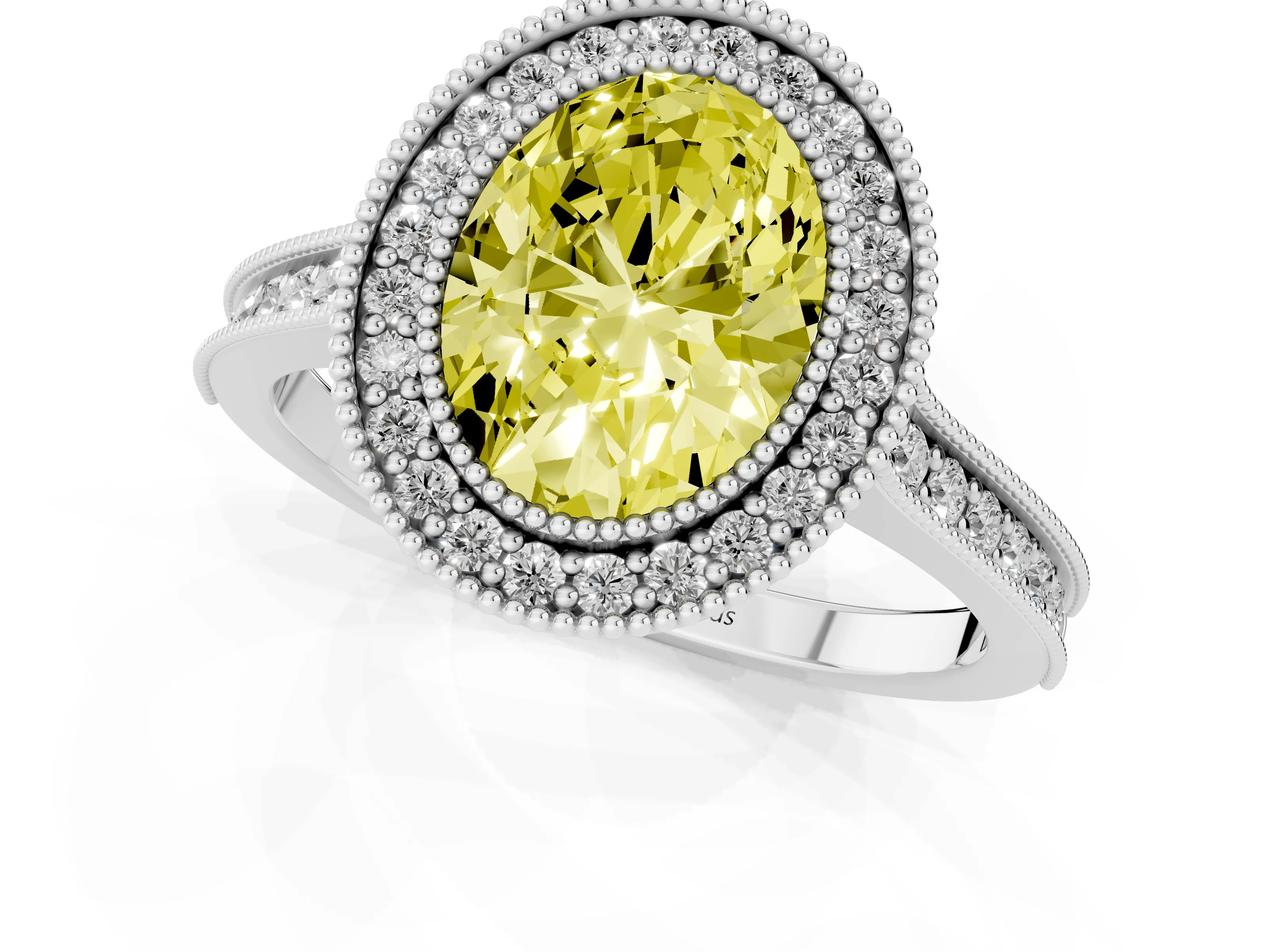 Fancy Yellow Oval Cut Diamond Halo Milgrain Pavé Band Ring Set in Silver with Prong Setting