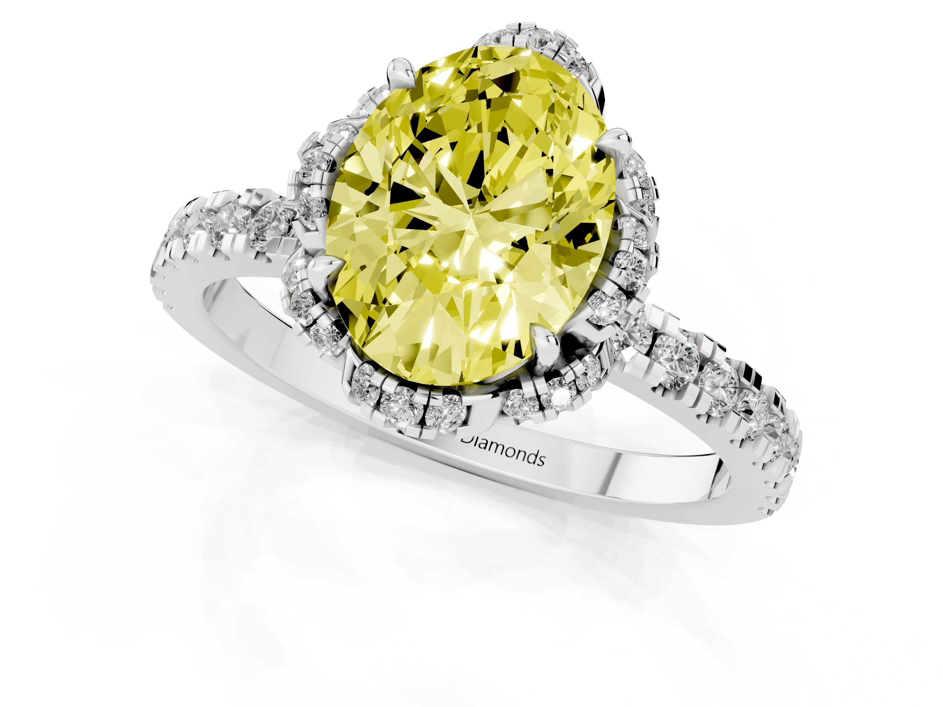 Fancy Yellow Oval Cut Diamond Halo Pavé Band Ring Set in White gold with Prong-Held Center
