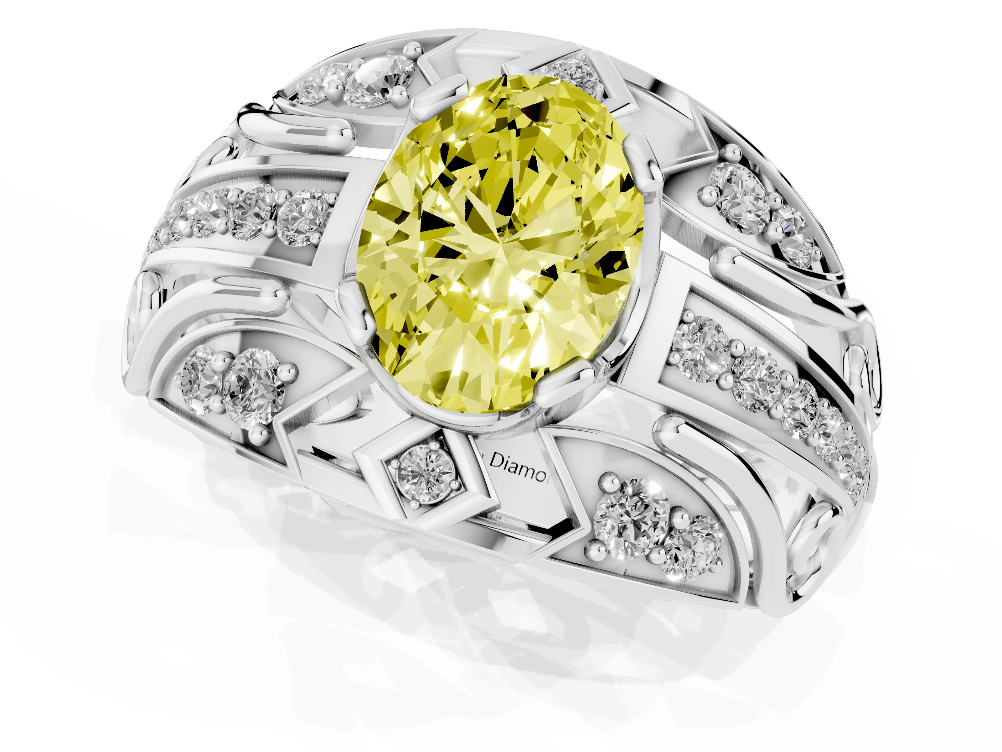 Fancy Yellow Oval Cut Diamond Art Deco Ring Set in Platinum with Pavé Split Shank