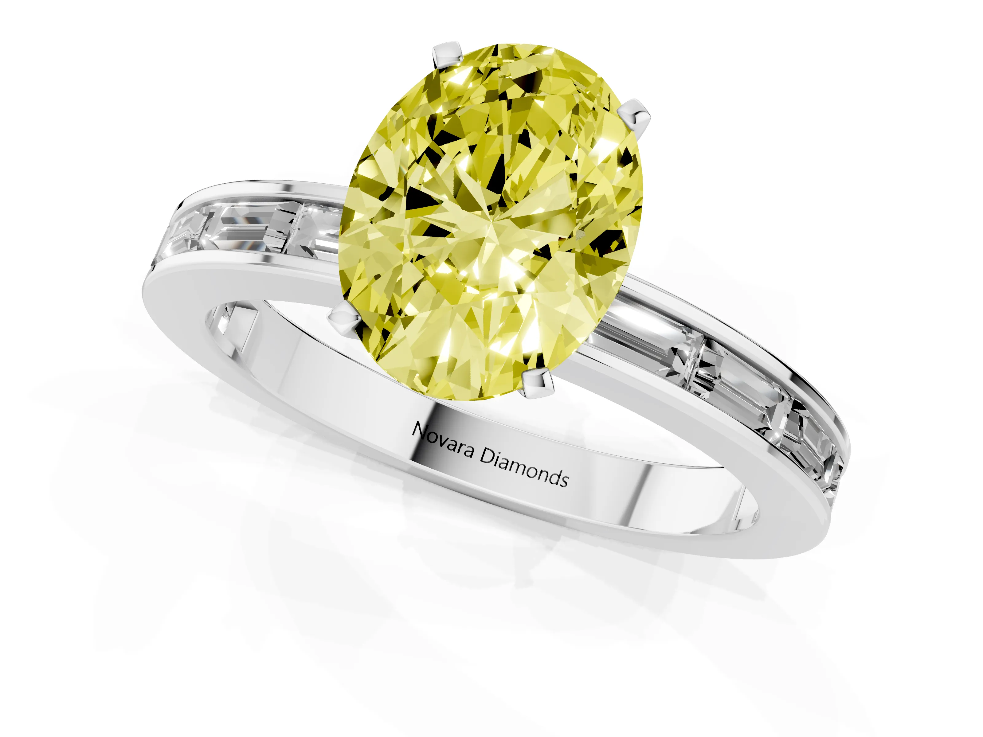 Fancy Yellow Oval Cut Diamond Solitaire Ring Set in Silver with Channel-Set Baguette Band and Prong Setting