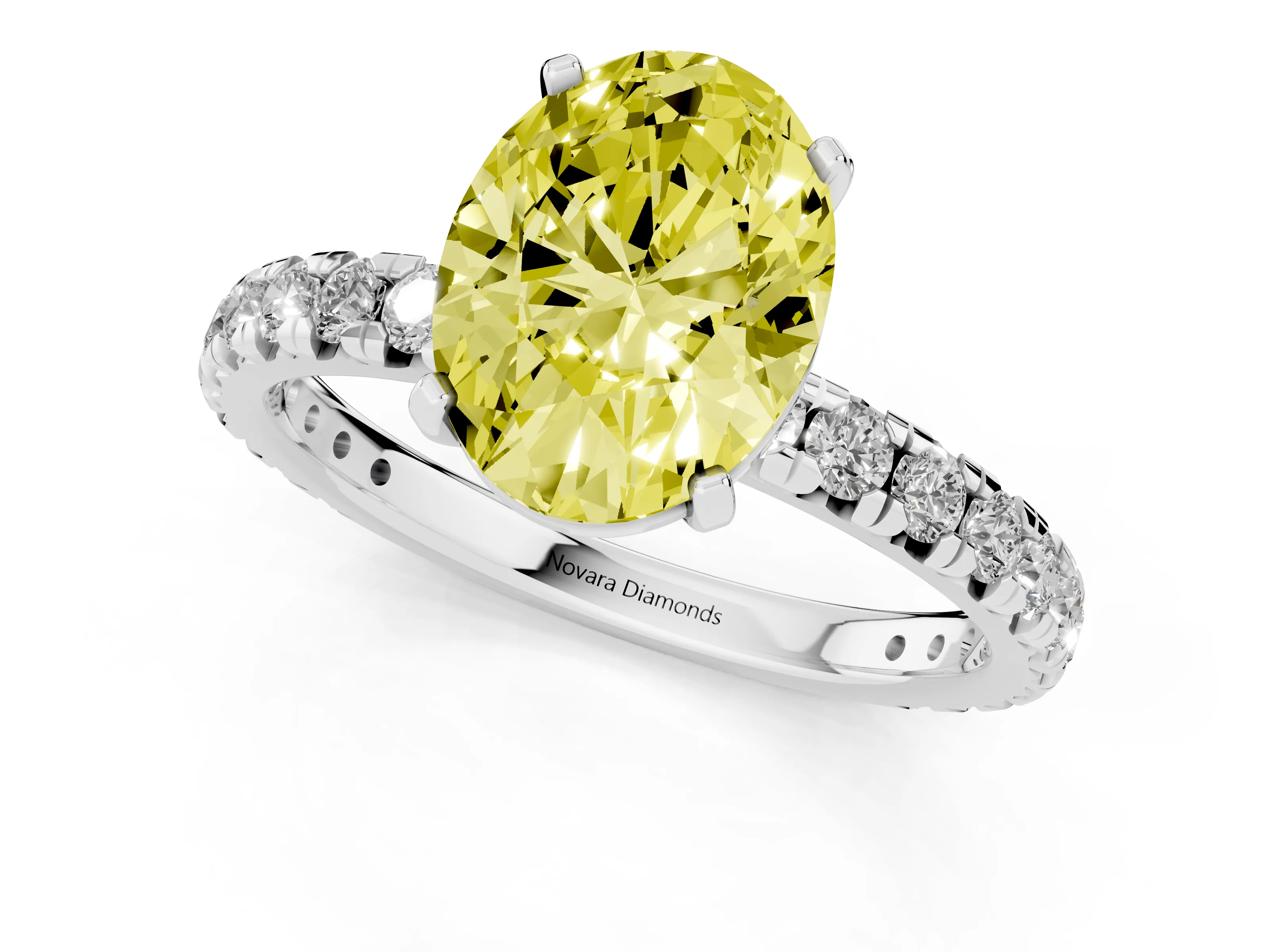 Fancy Yellow Oval Cut Diamond Pavé Solitaire Ring Set in Silver with Round Band and Prong Setting – second view