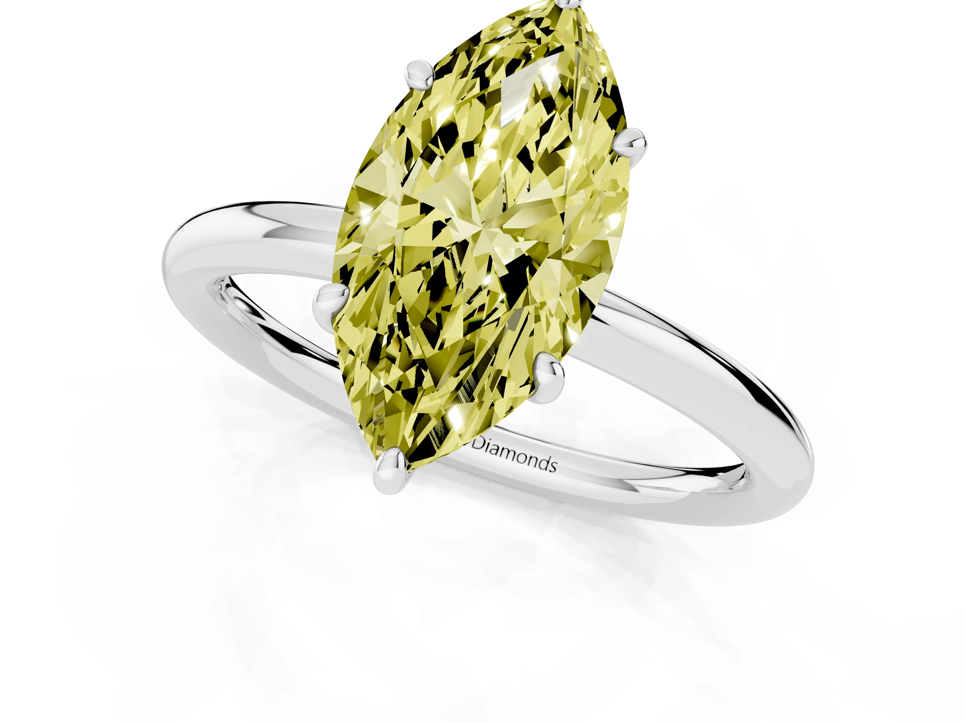 Fancy Yellow Oval Cut Diamond Solitaire Ring Set in White gold with Prong Setting on a Polished Plain Band