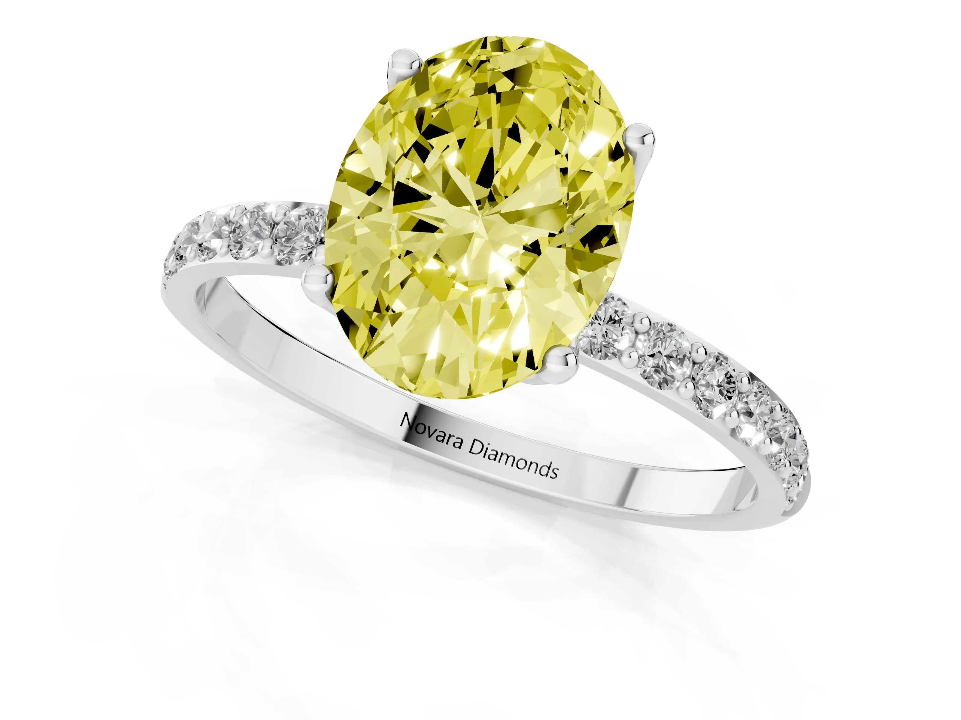 Fancy Yellow Oval Cut Diamond Solitaire Engagement Ring Set in Platinum with Round Pavé Band and Prong Setting