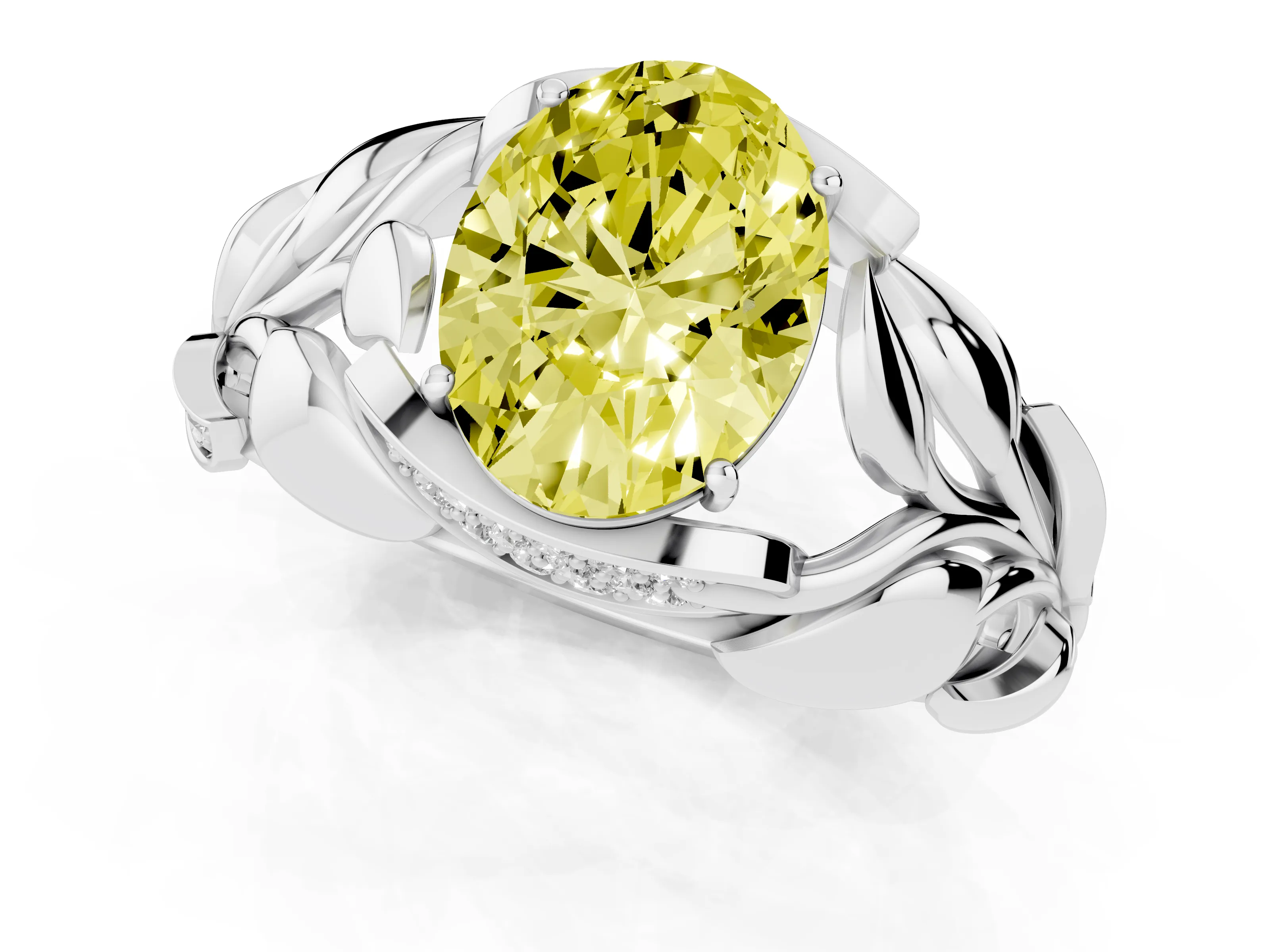 Fancy Yellow Oval Cut Diamond Leaf-Inspired Engagement Ring Set in White gold with Round Accents