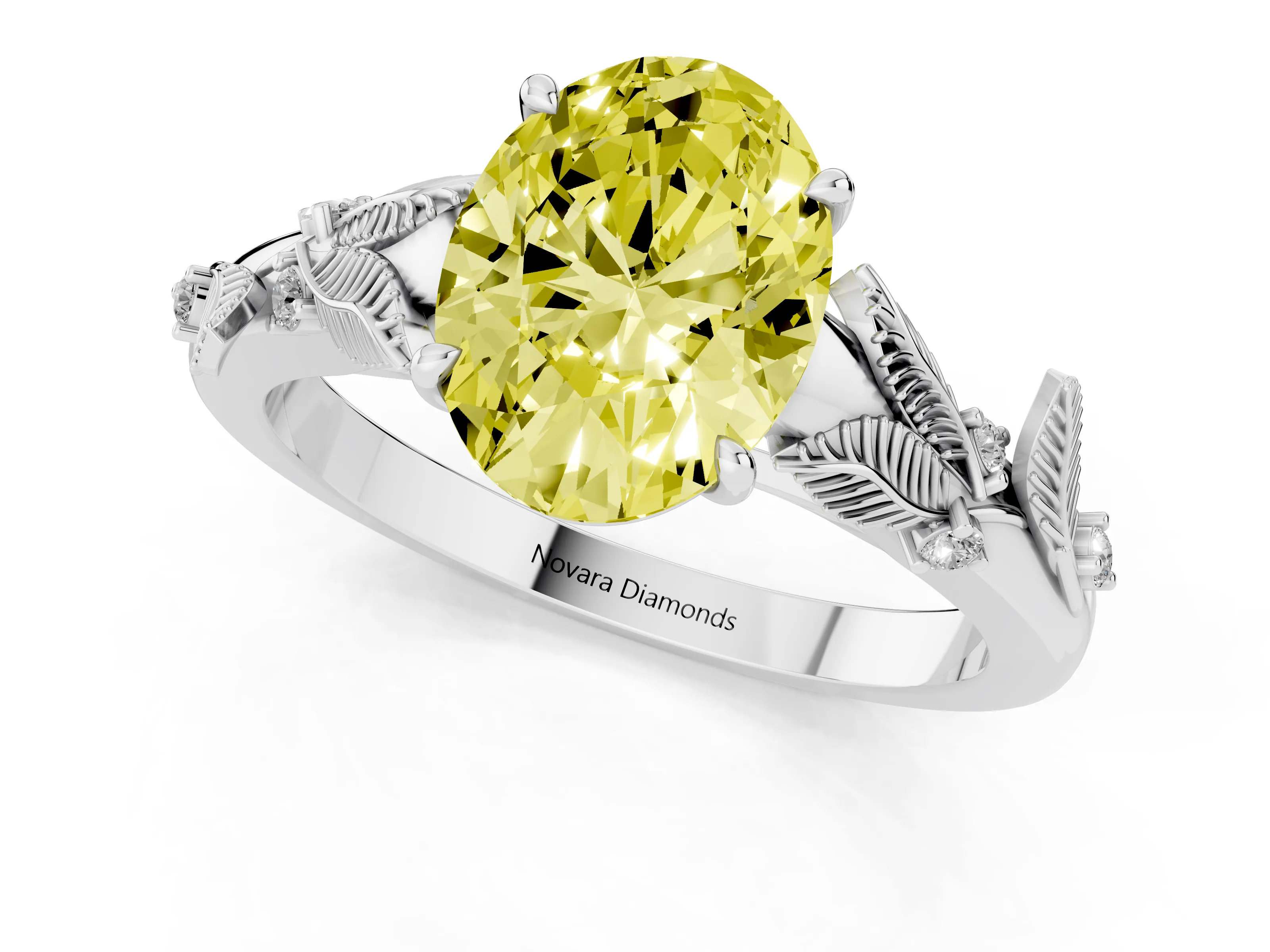 Fancy Yellow Oval Cut Diamond Solitaire Ring Set in Silver with Leaf Motif Band