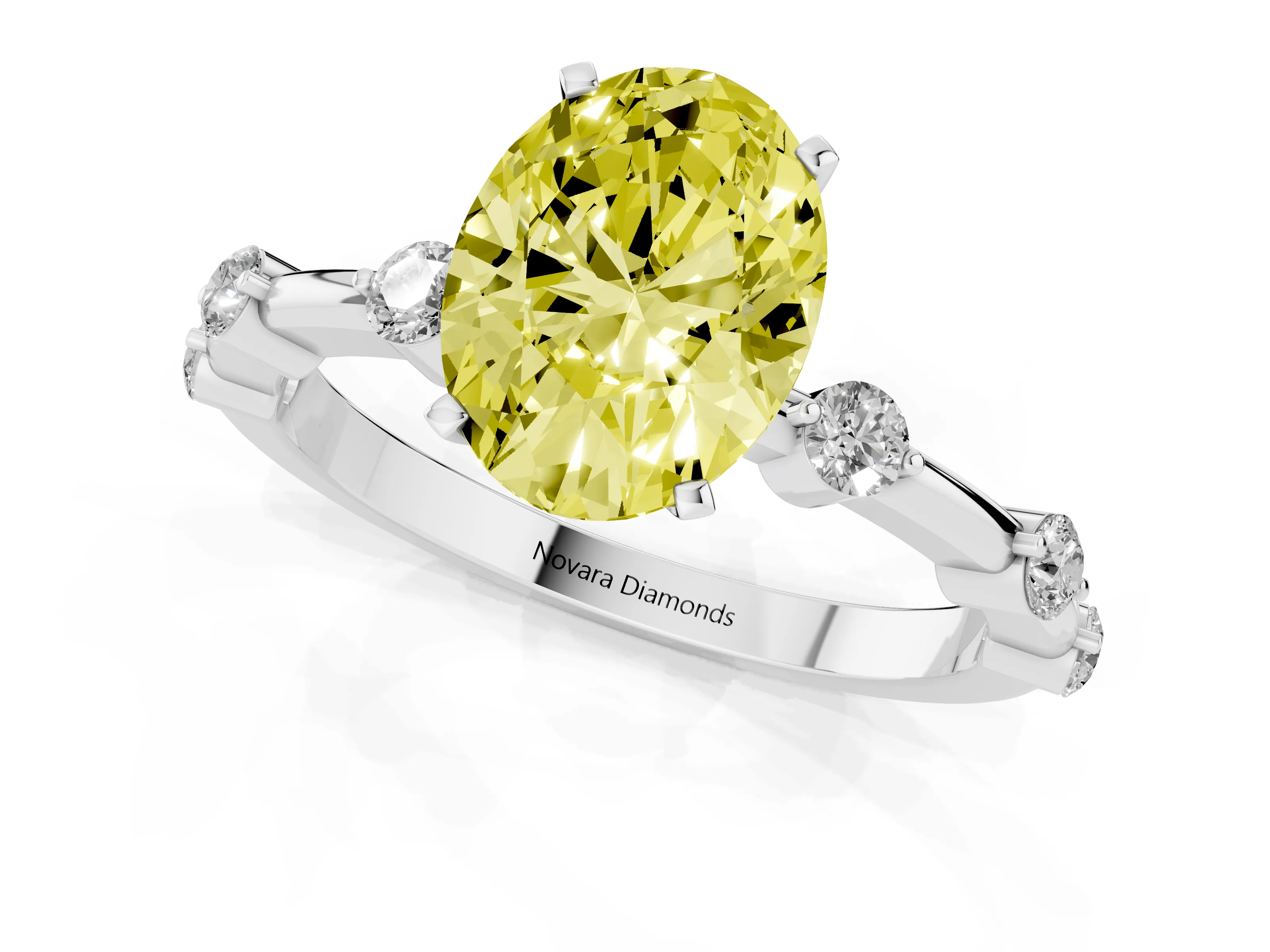 Fancy Yellow Oval Cut Diamond Solitaire Ring Set in Silver with Bezel Set Side Stones and Prong Setting