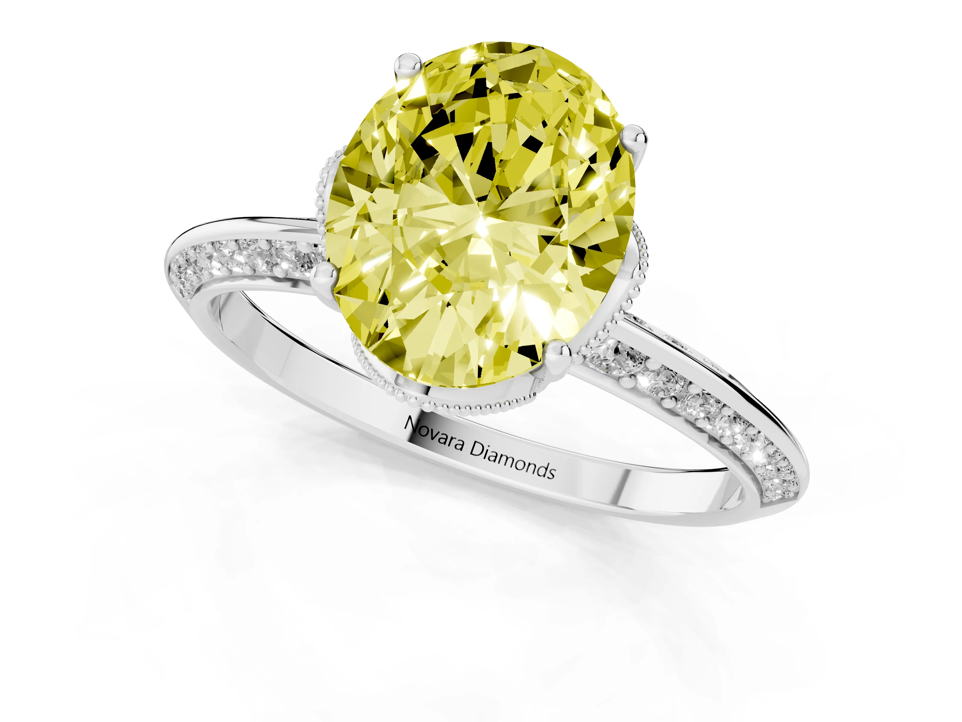 Fancy Yellow Oval Cut Diamond Solitaire Engagement Ring Set in Silver with Pavé Split Shank and Prong Setting