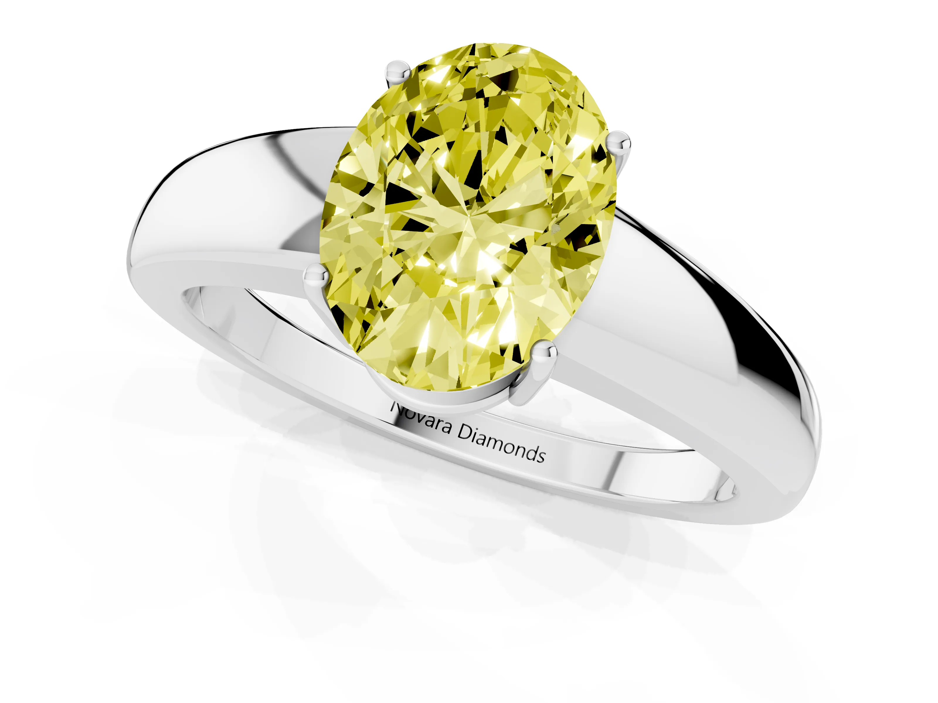 Fancy Yellow Oval Cut Diamond Solitaire Ring Set in Platinum with Tapered Band and Prong Setting