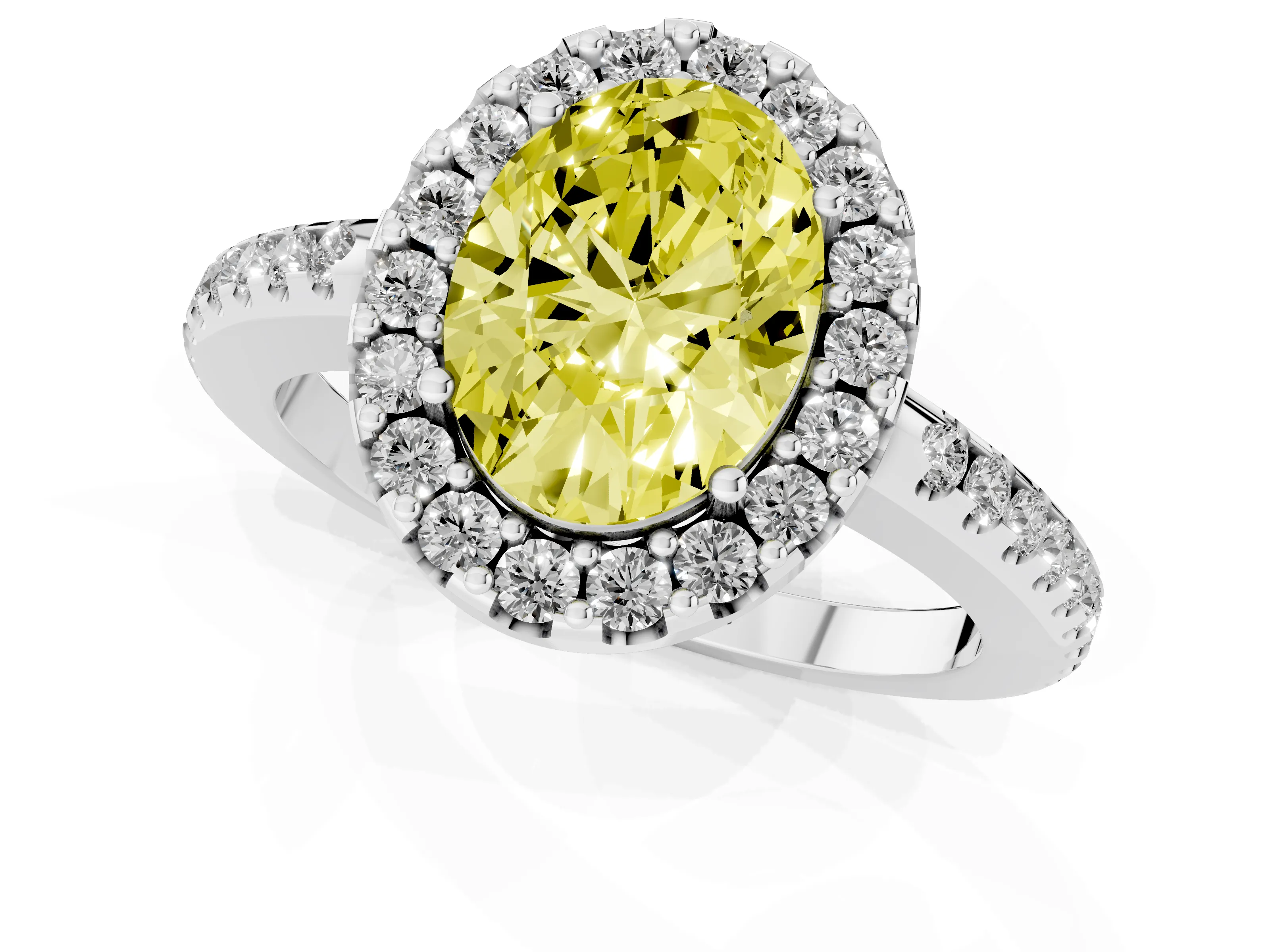 Fancy Yellow Oval Cut Diamond Pavé Halo Ring Set in Silver with Prong Setting