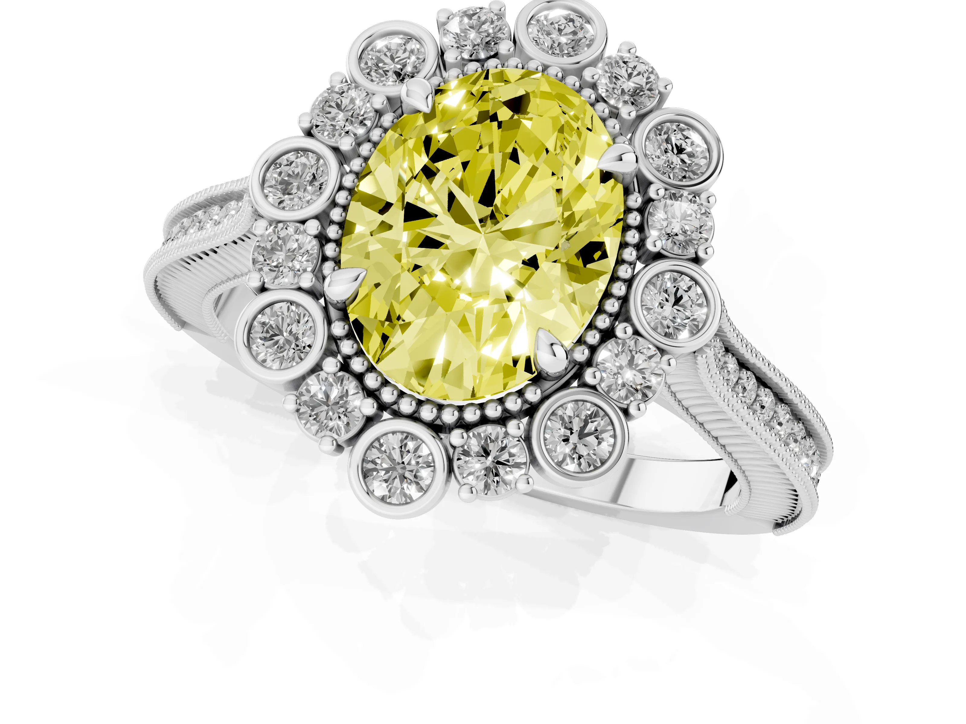 Fancy Yellow Oval Cut Diamond Halo Milgrain Pavé Ring Set in Platinum with Prong Setting