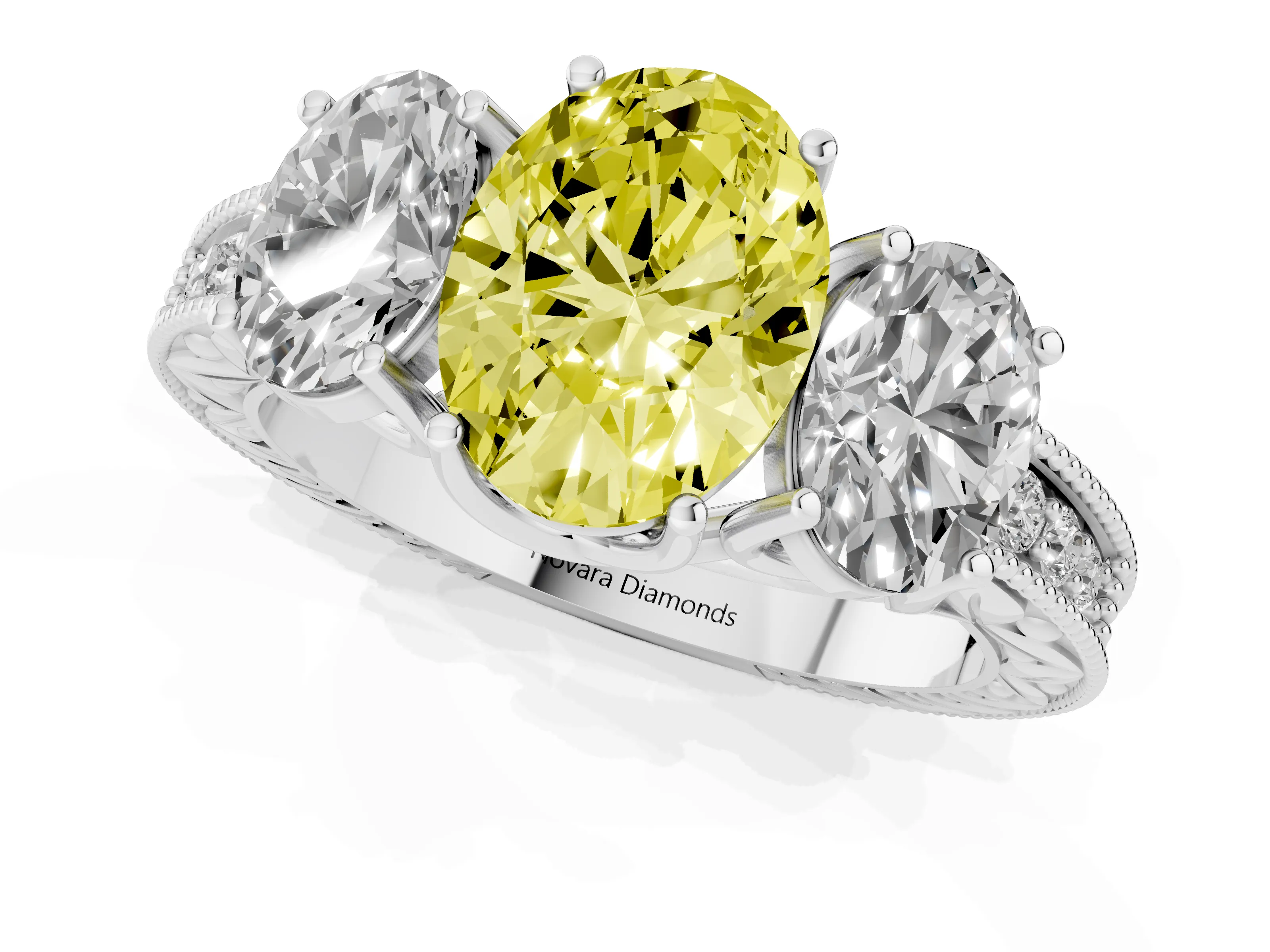 Fancy Yellow Oval Cut Diamond Three-Stone Engagement Ring Set in Silver with Milgrain Pavé Band