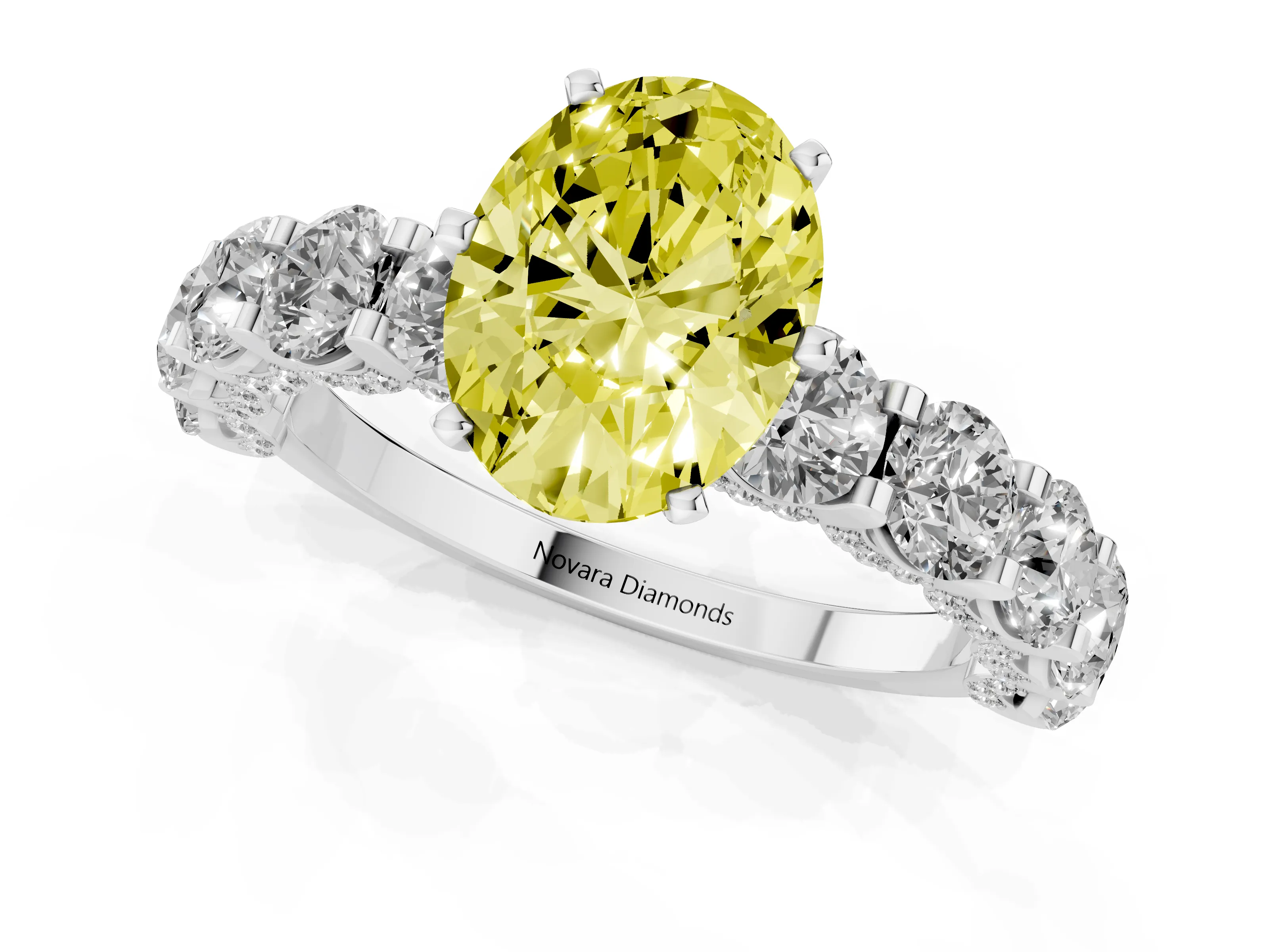 Fancy Yellow Oval Cut Diamond Side Stone Ring Set in Platinum with Alternating Round and Oval Side Stones