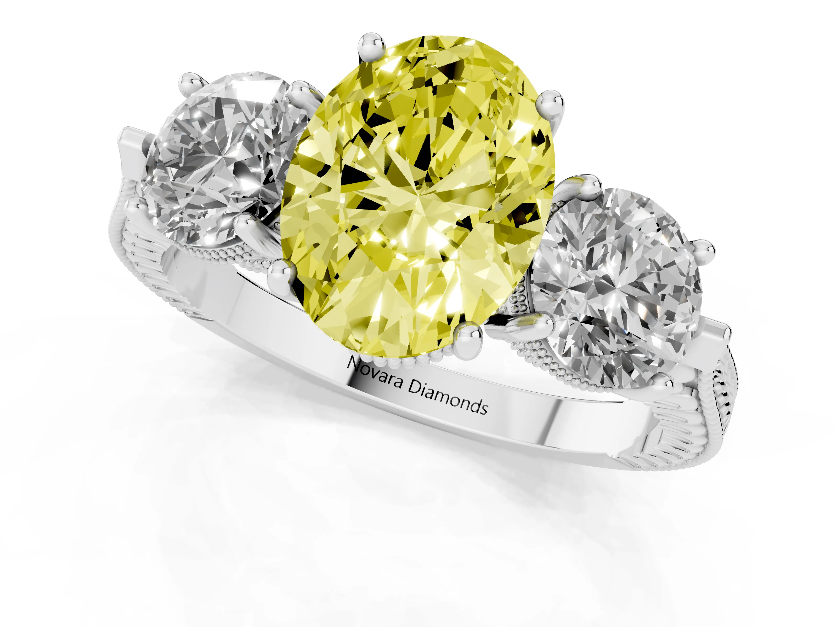Fancy Yellow Oval Cut Diamond Three-Stone Ring Set in Silver with Milgrain Band