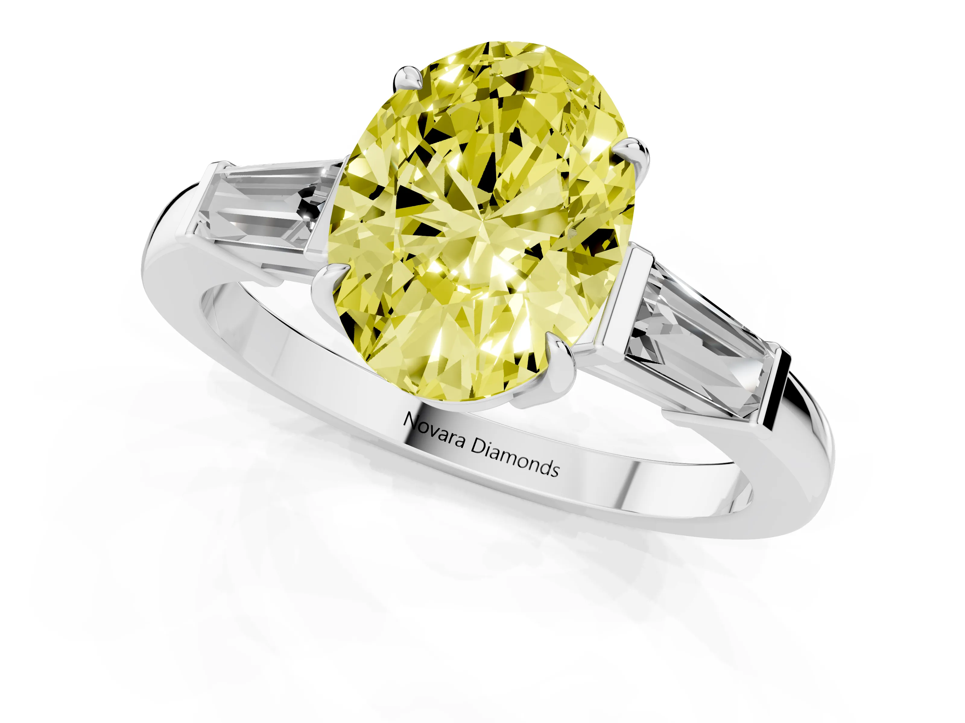 Fancy Yellow Oval Cut Diamond Three-Stone Ring Set in Silver with Tapered Baguette Side Stones and Prong Setting