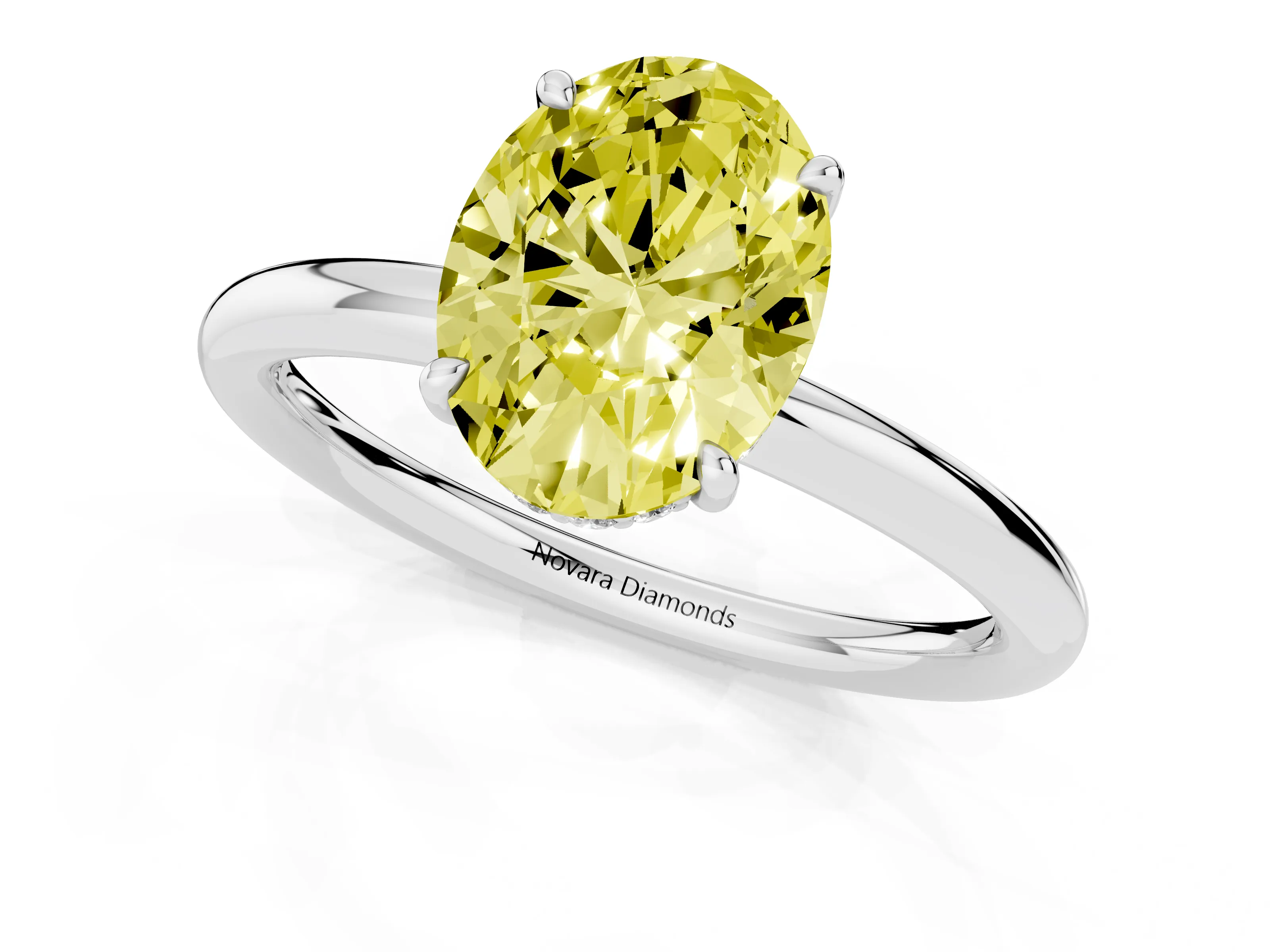 Fancy Yellow Oval Cut Diamond Solitaire Ring Set in Silver with Thin Band and Prong Setting
