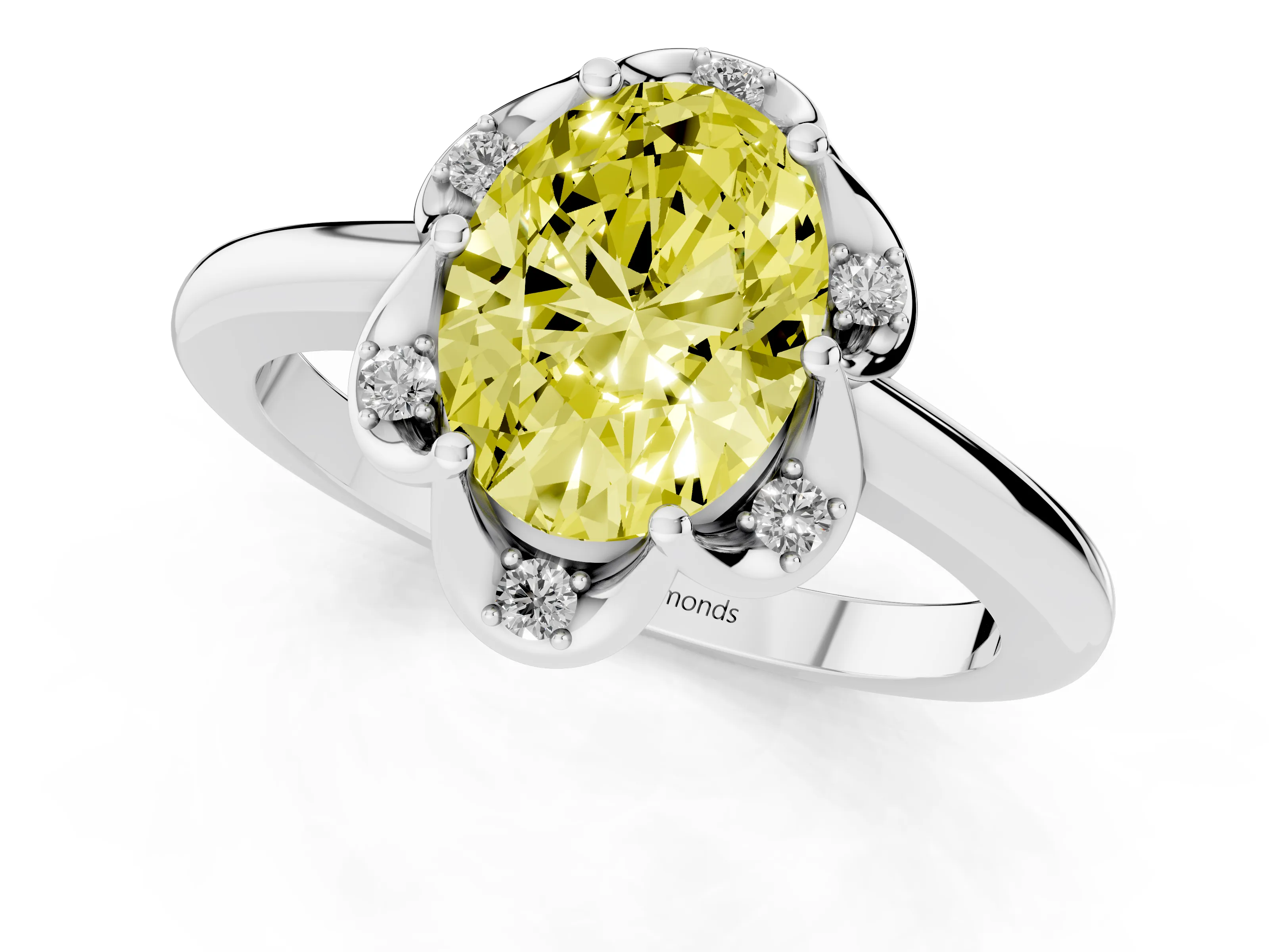 Fancy Yellow Oval Cut Diamond Round Cluster Halo Ring Set in Silver with Solitaire Band and Prong Setting