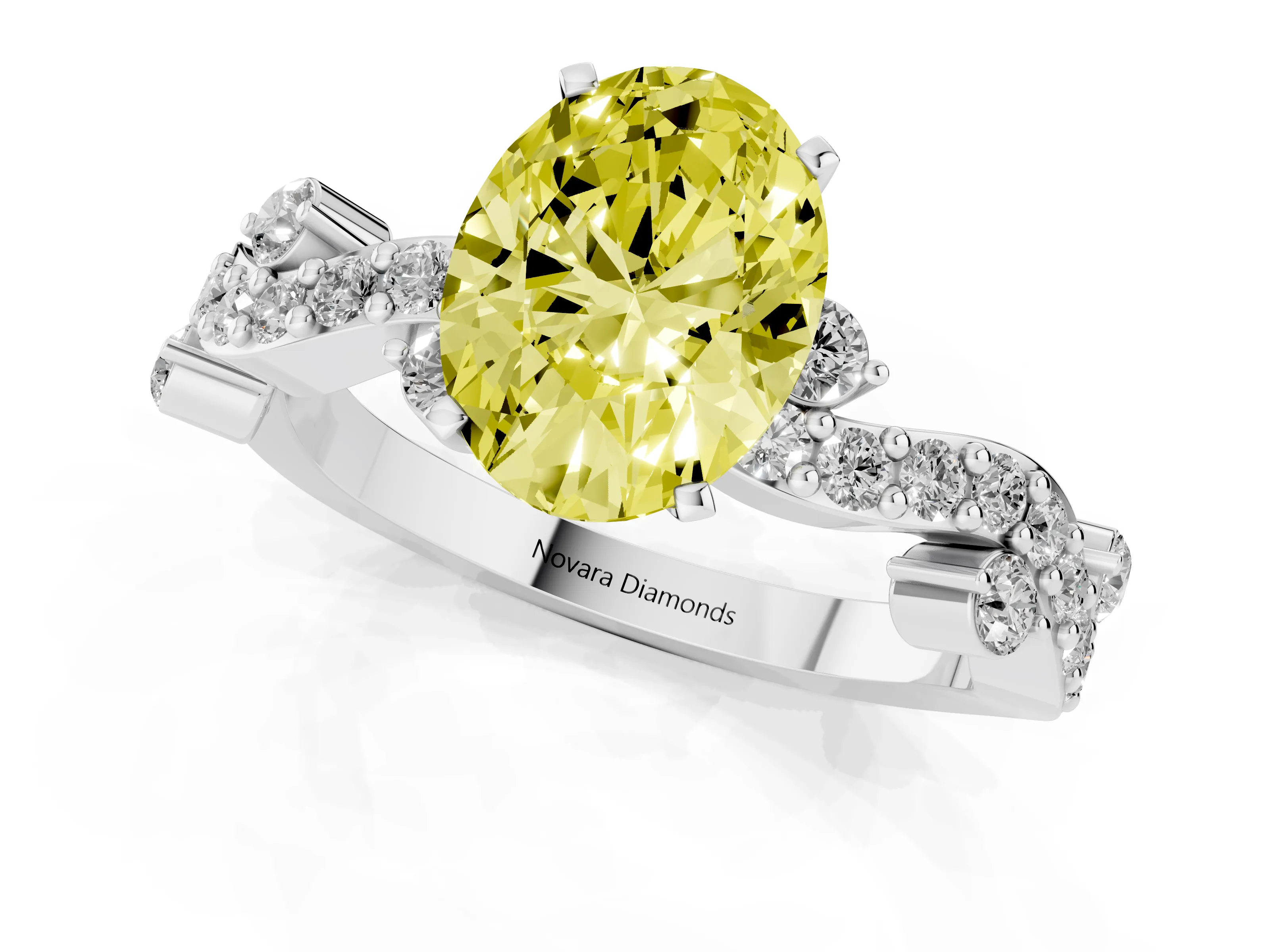 Fancy Yellow Oval Cut Diamond Solitaire Twisted Band Set in White gold with Pavé Setting