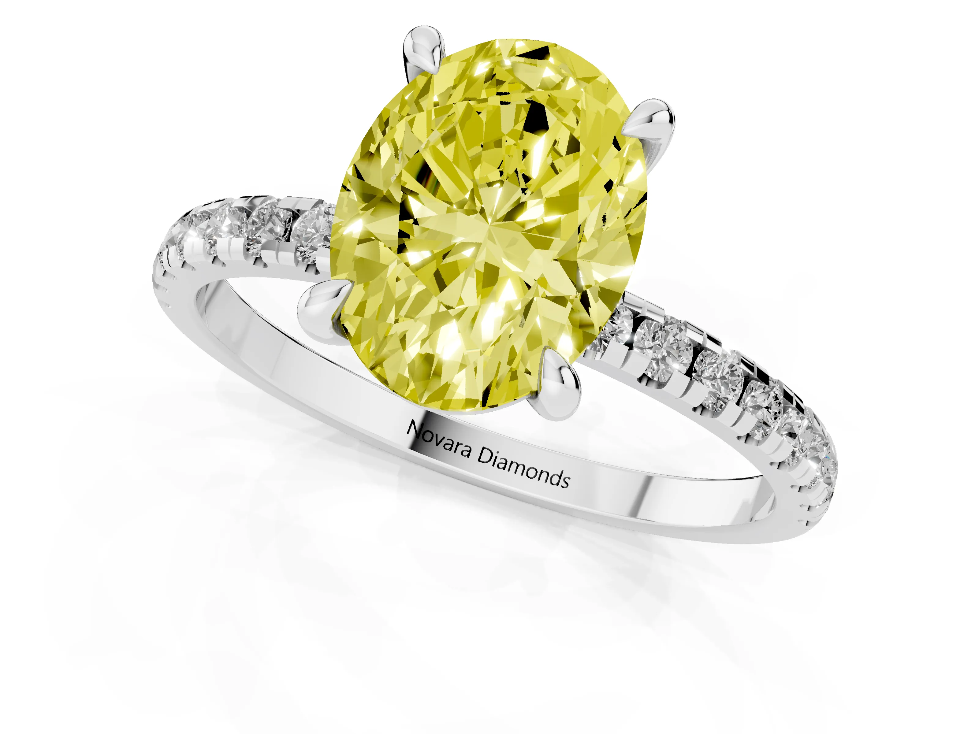 Fancy Yellow Oval Cut Diamond Brilliant Solitaire Ring Set in White gold with Pavé Band and Prong Setting