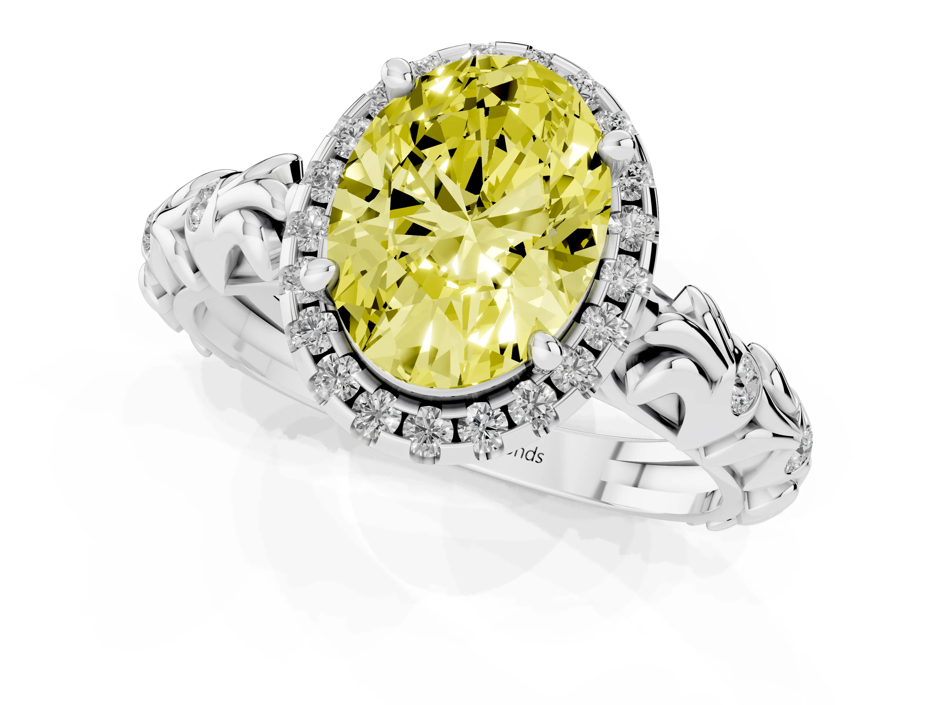 Fancy Yellow Oval Cut Diamond Halo Ring Set in Silver with Filigree Leaf Band and Prong Setting