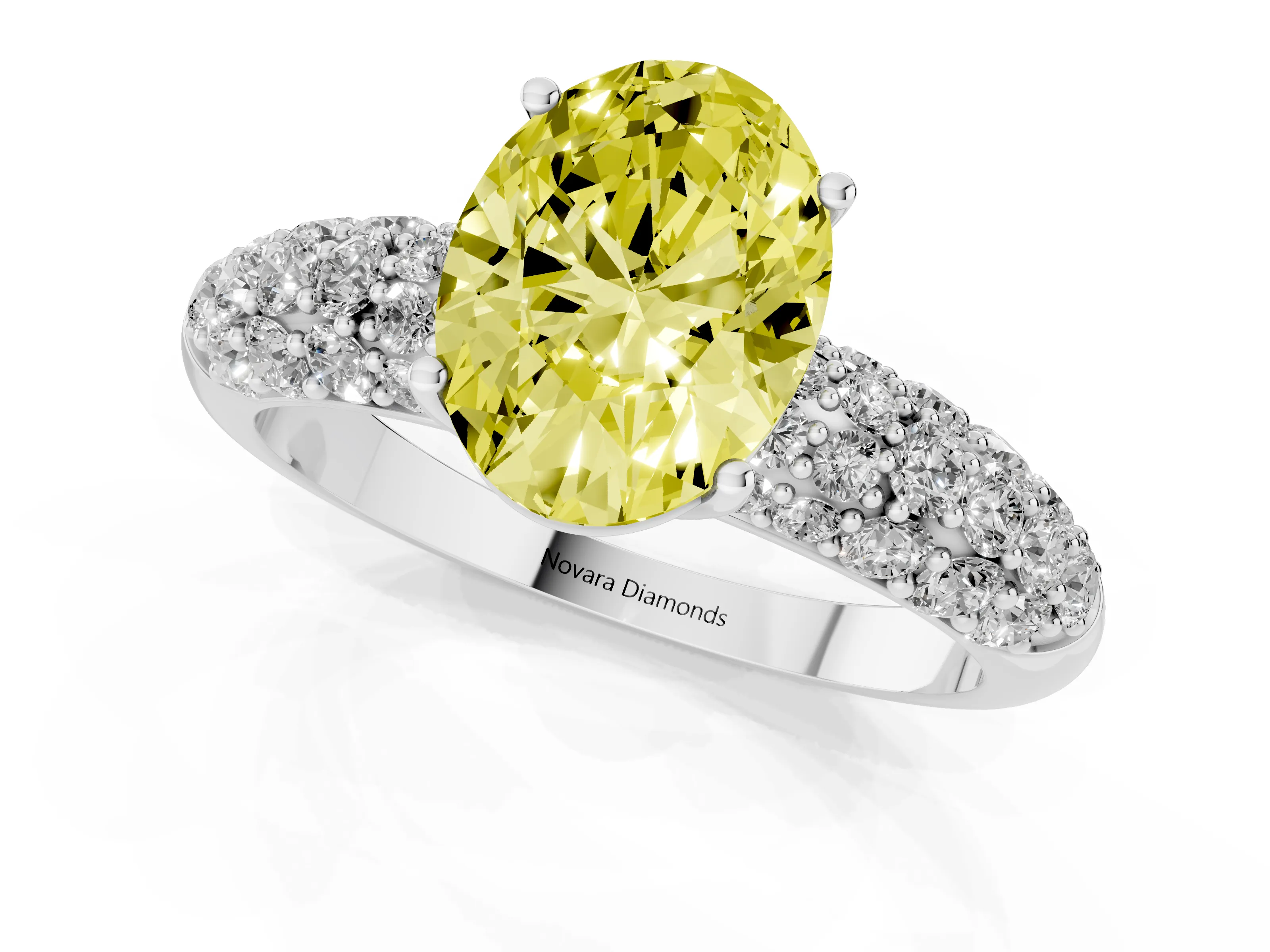 Fancy Yellow Oval Cut Diamond Pavé Band Solitaire Ring Set in White gold with Close-Set Accent Stones and Prong Setting