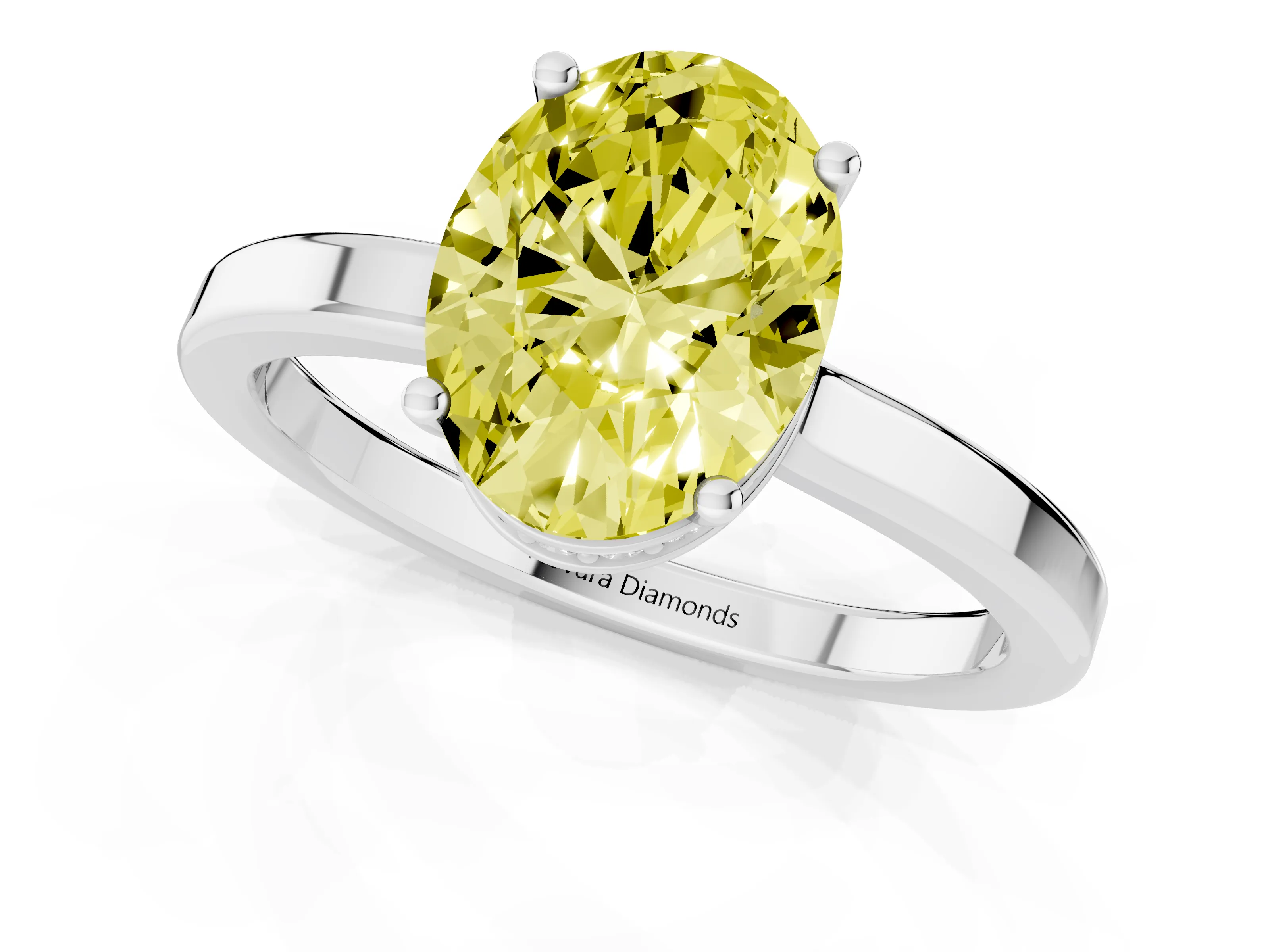 Fancy Yellow Oval Cut Diamond Solitaire Engagement Ring Set in Silver with Prong Setting on a Plain Band